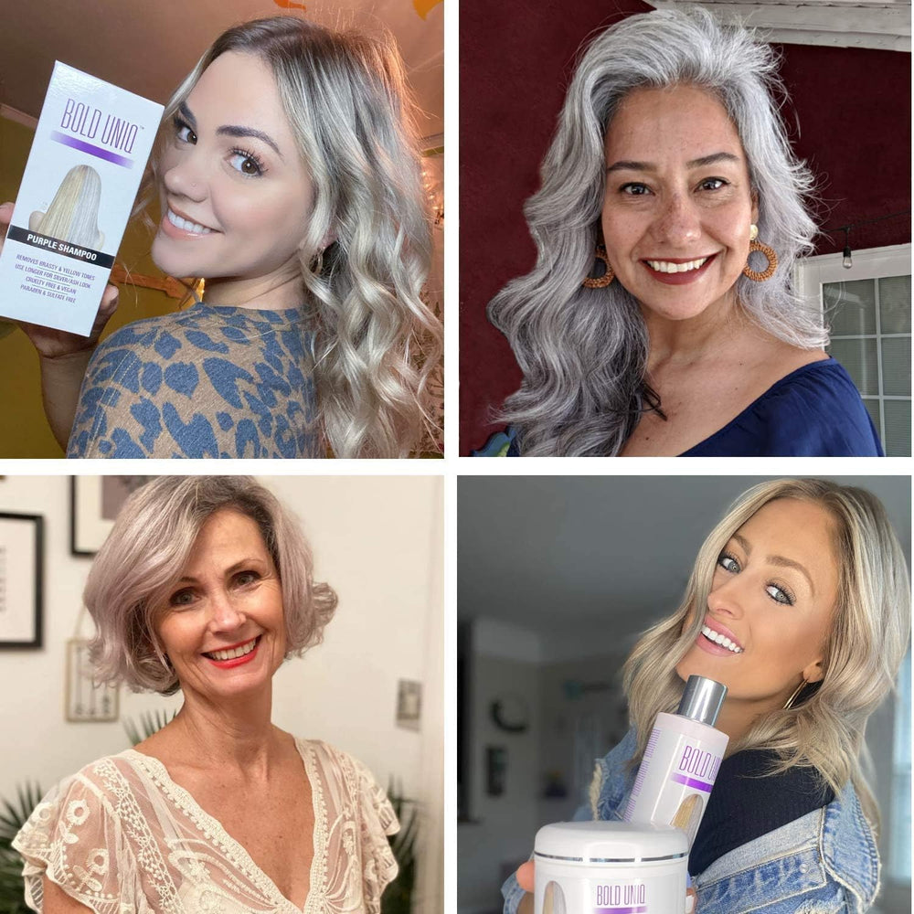 Bold Uniq Purple Shampoo in shower delivers cooling, ash-toned results.