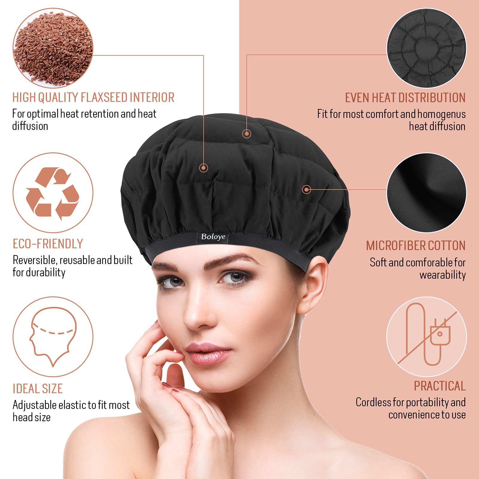 Boloye flaxseed heat cap in use during deep conditioning for even heat distribution
