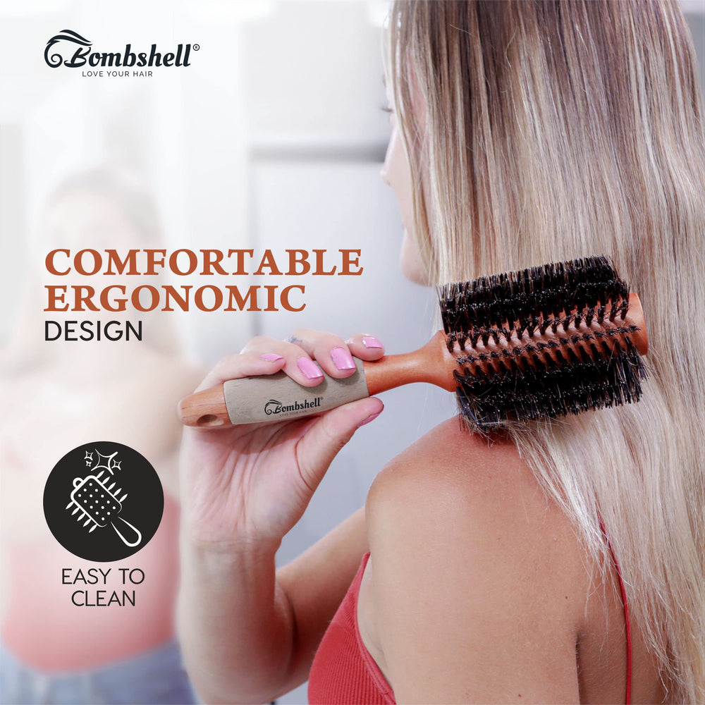 Salon-finish look achieved with Bombshell boar bristle round brush