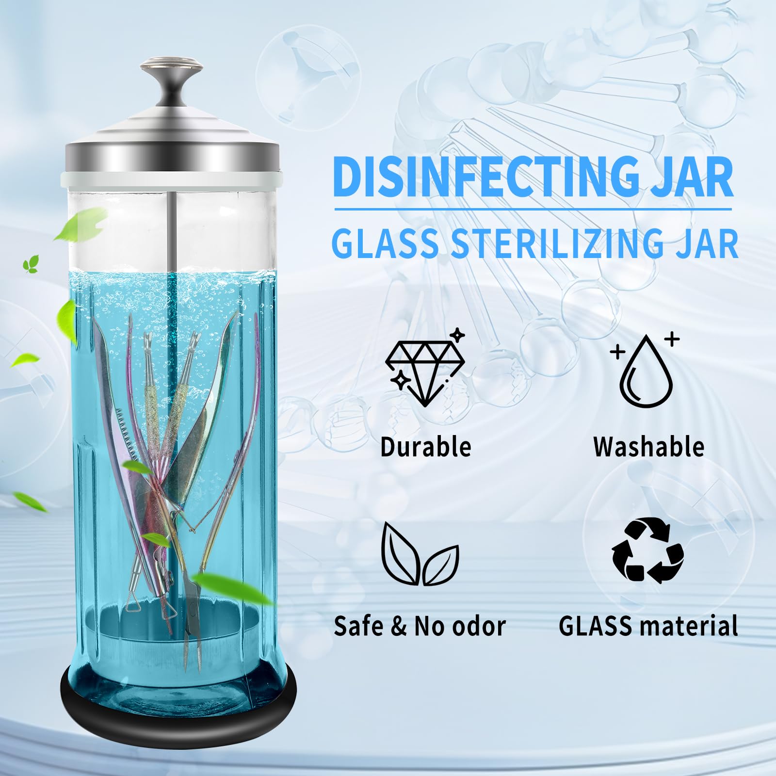 BOMOQING barbicide jar supports disinfection of manicure and barber tools.