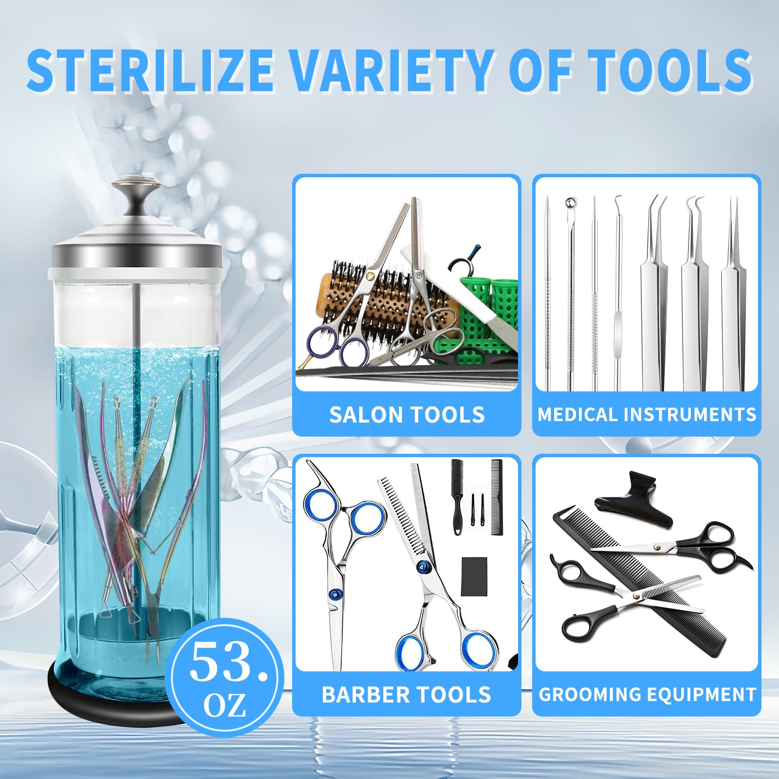 BOMOQING barbicide jar removable water basket enables easy tool retrieval.