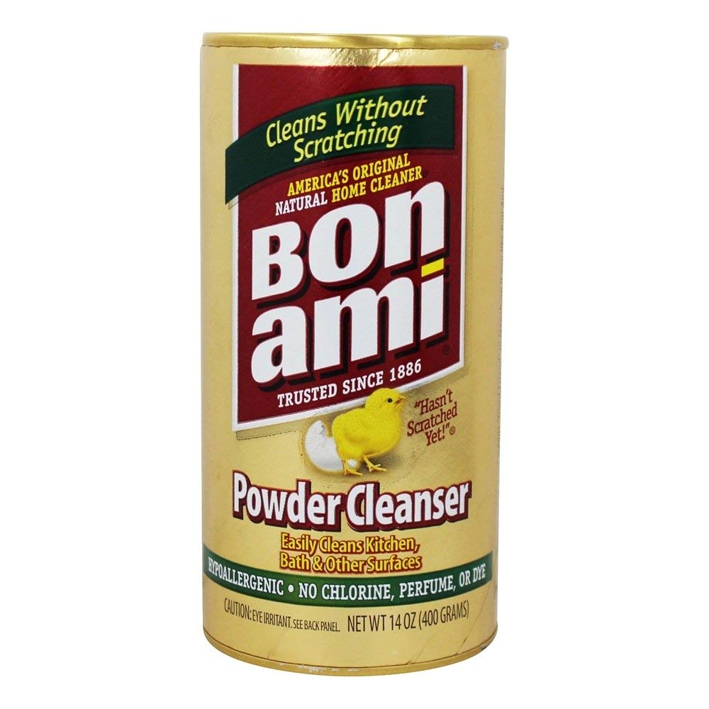 BON AMI all-natural powder cleanser for kitchen surfaces, effective on porcelain and stainless steel.