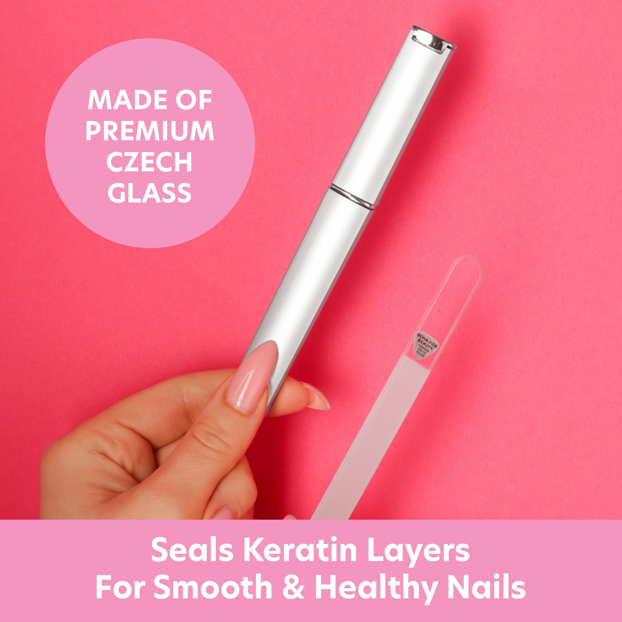 Bona Fide Beauty crystal nail file smoothing edges for natural nails.