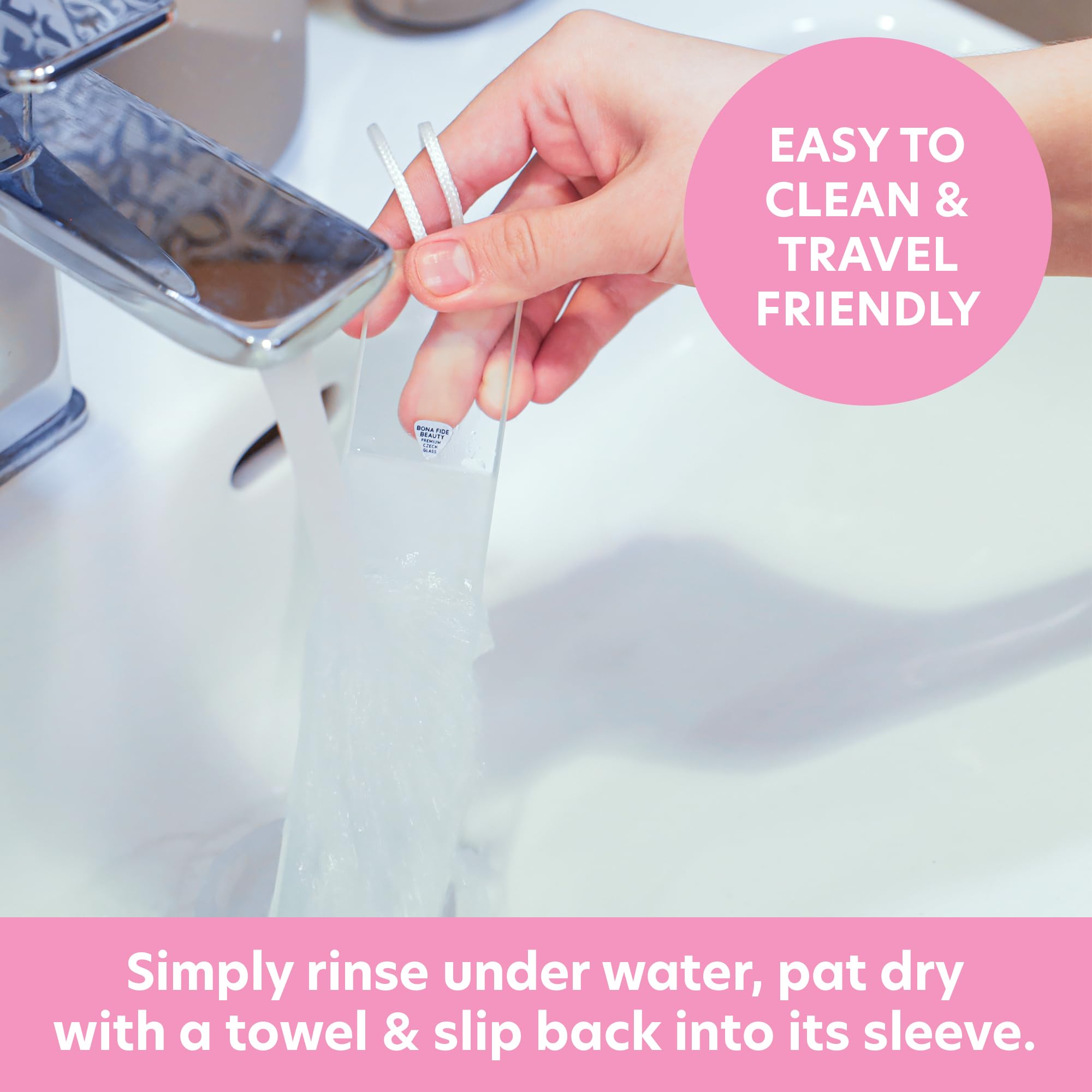 Bona Fide Beauty durable glass foot file, handle with care to prevent breakage.