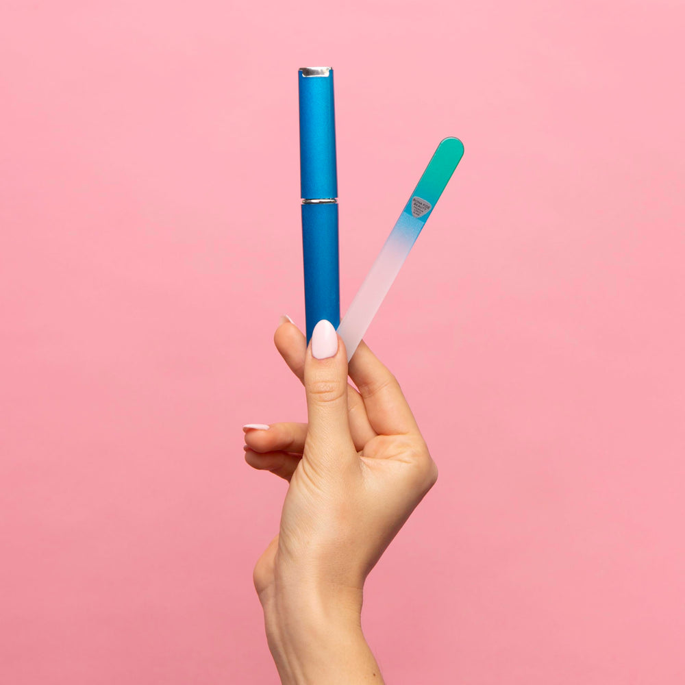 Gift-ready Bona Fide Beauty glass nail file set with case.