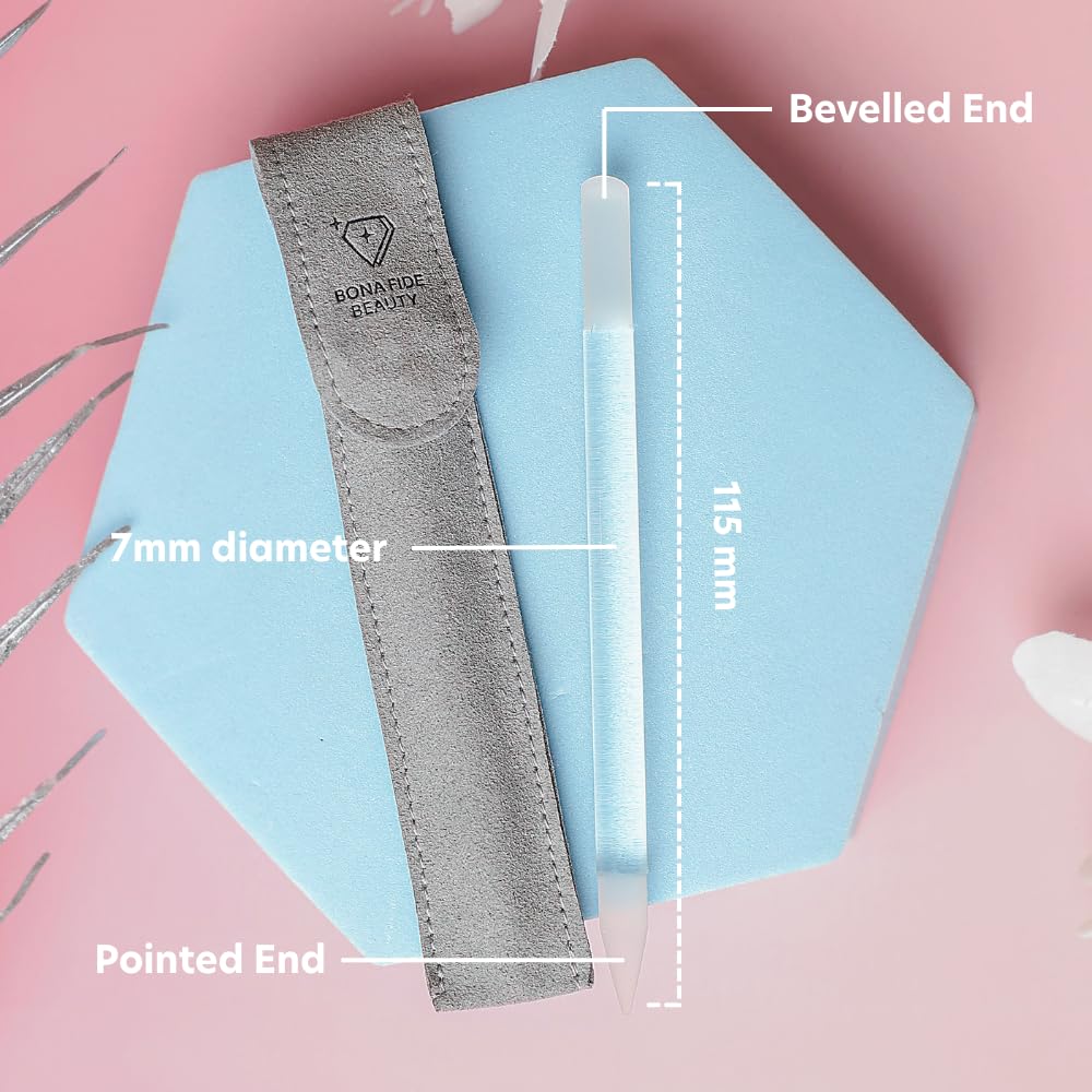 BONA FIDE BEAUTY glass cuticle pusher showing etched grit for control