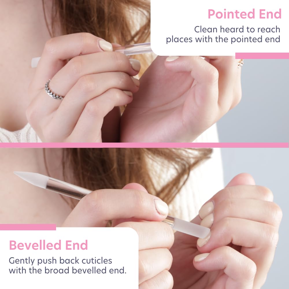 BONA FIDE BEAUTY lilac glass cuticle pusher in-use around the nail bed