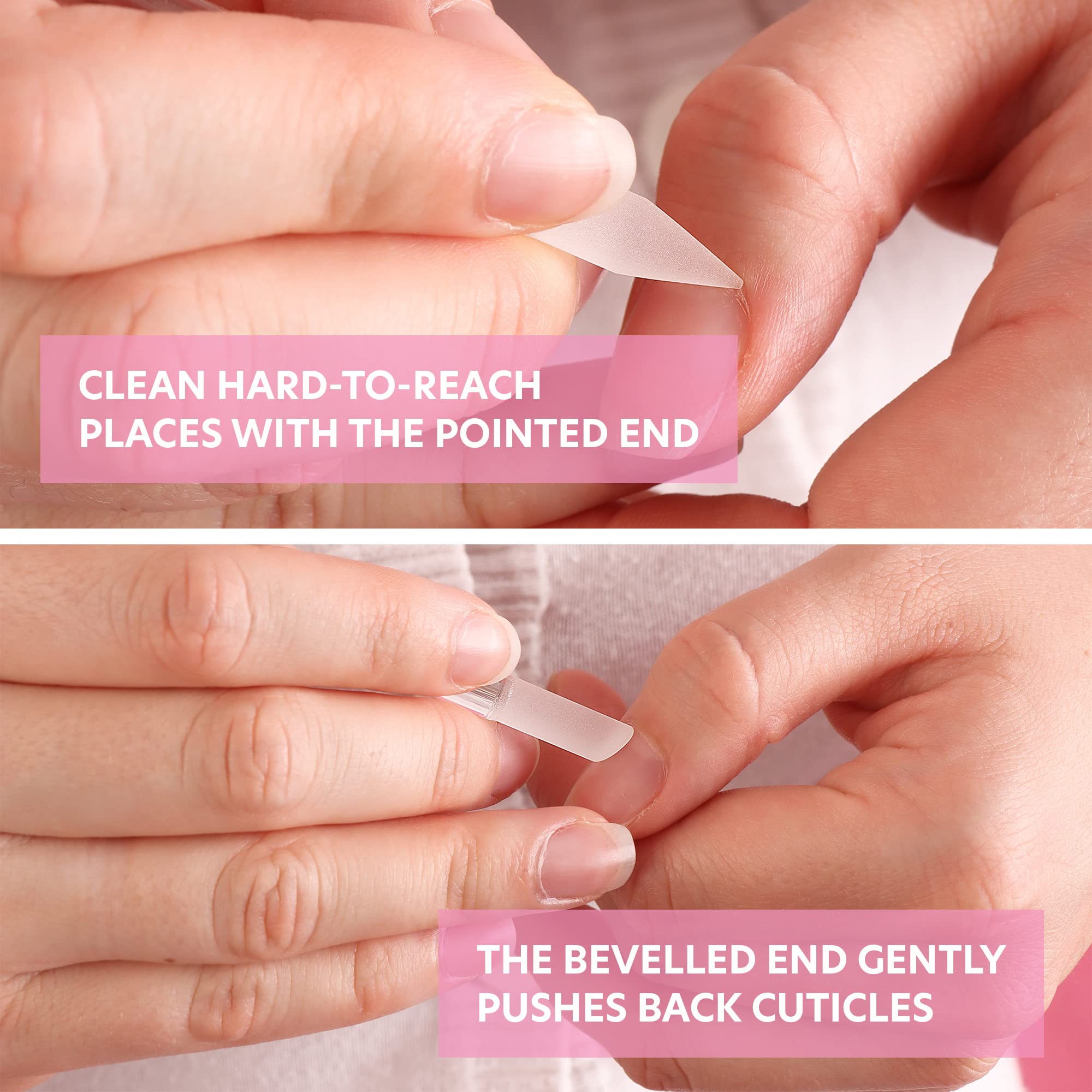 Close-up of Bona Fide Beauty glass cuticle pushers on clean nails.