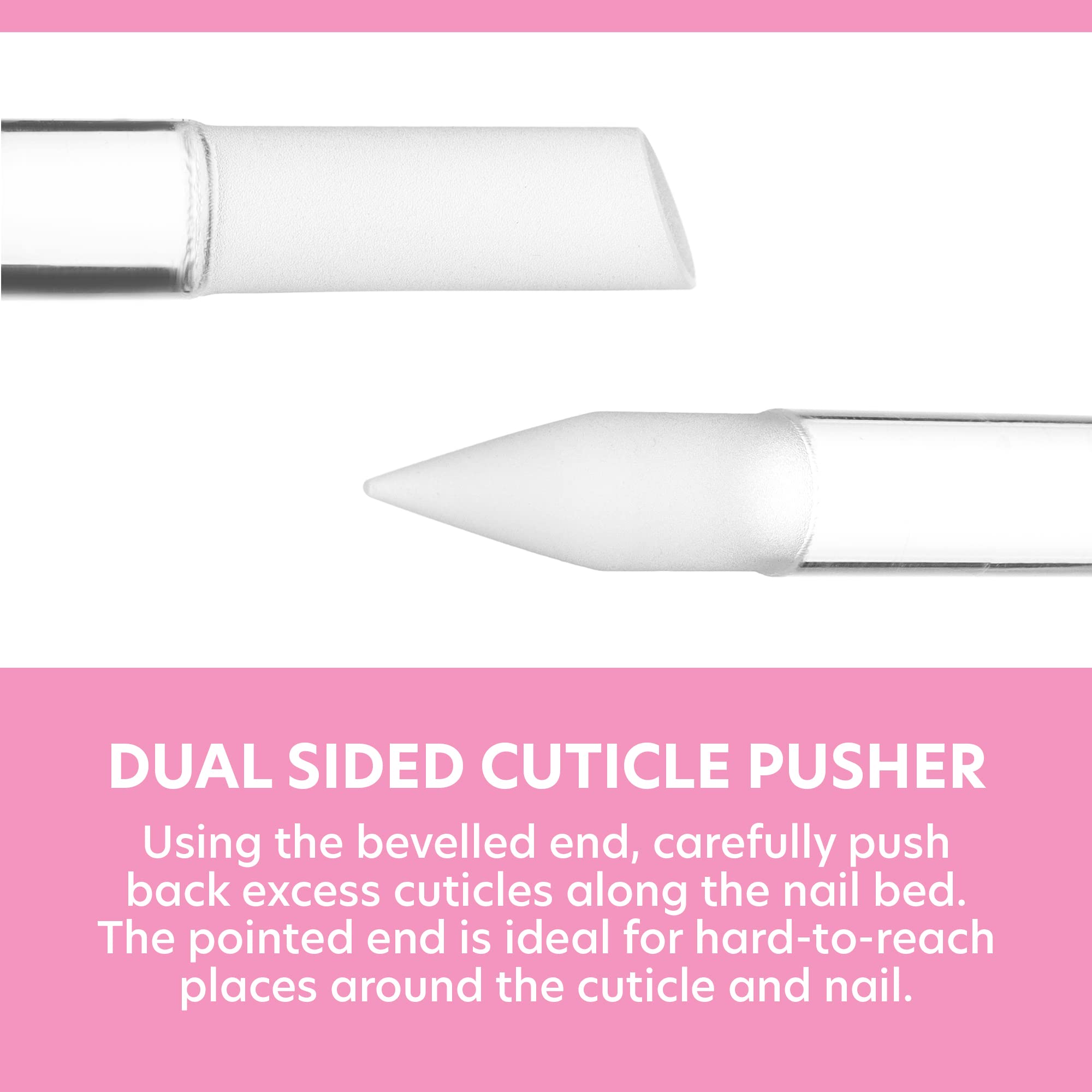 Bona Fide Beauty glass cuticle pusher pointed tip for hard-to-reach cleaning.