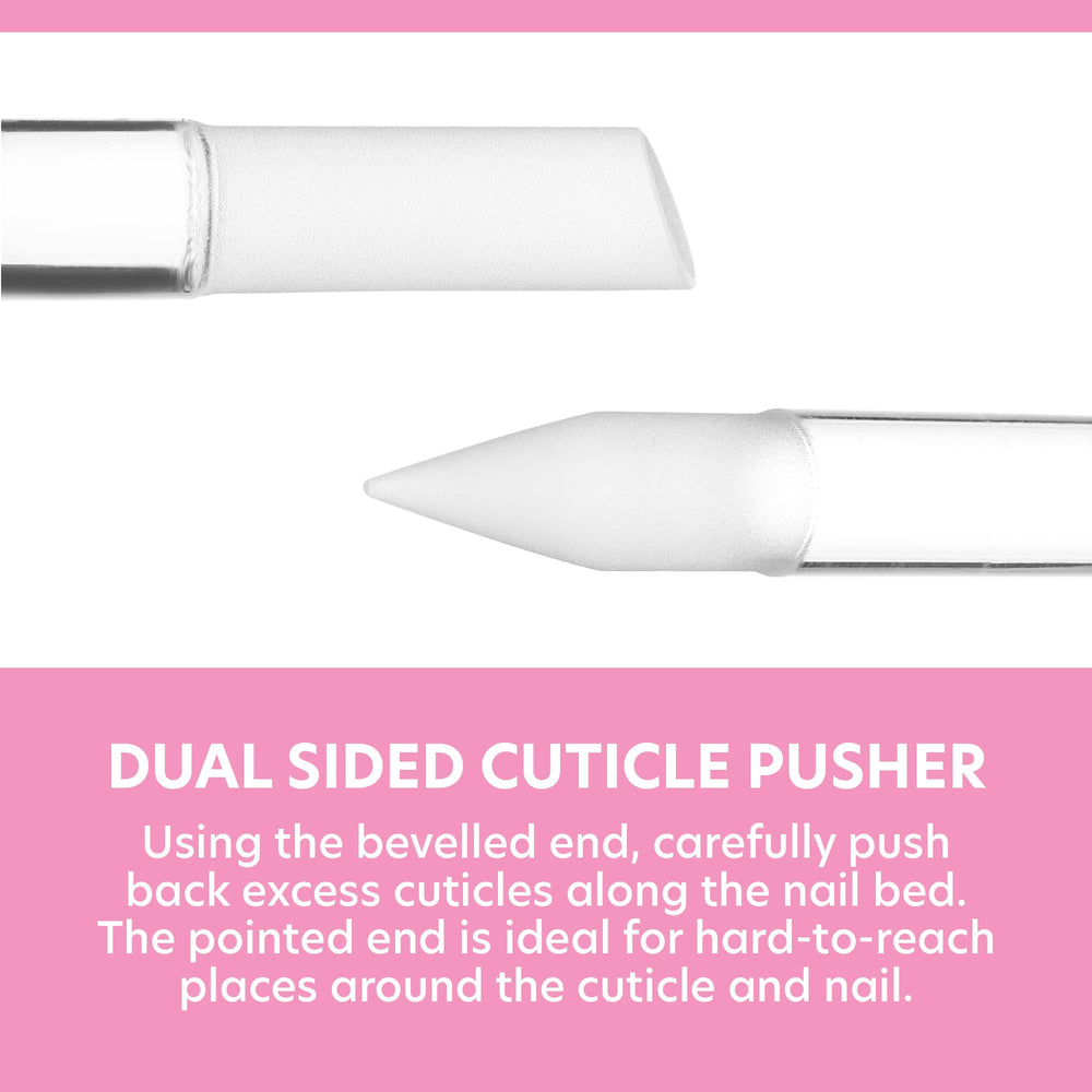 Bona Fide Beauty glass cuticle pusher pointed tip for hard-to-reach cleaning.