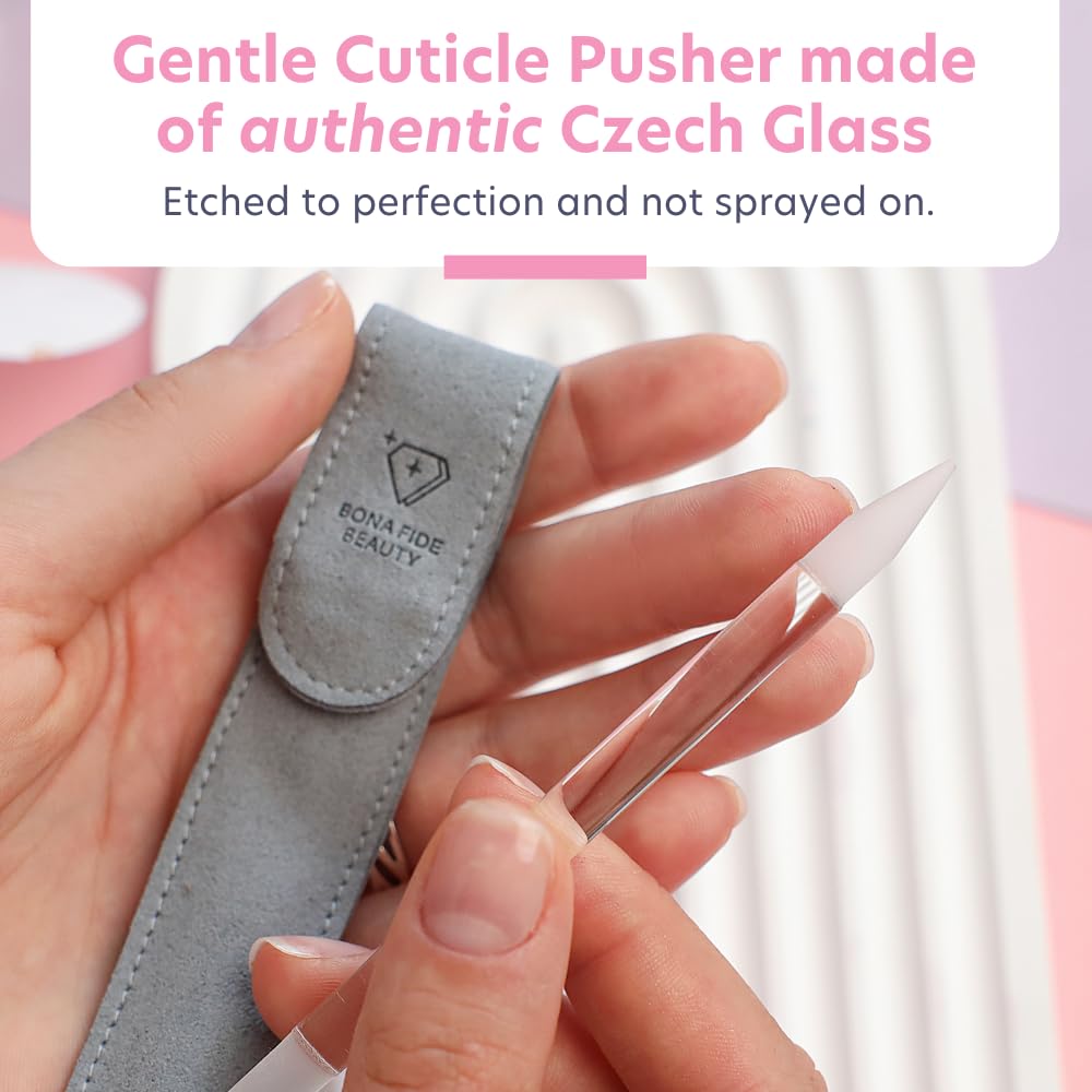 BONA FIDE BEAUTY glass cuticle pusher with slanted end for gentle cuticle push back