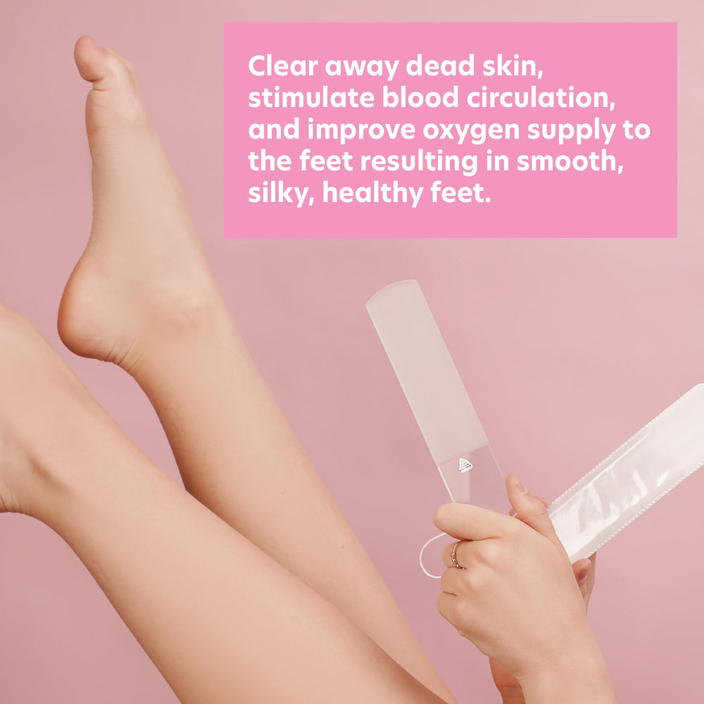 Bona Fide Beauty glass foot scraper for at-home pedicures and routine foot care.