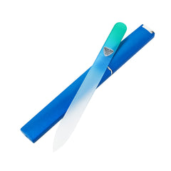 Bona Fide Beauty glass nail file with aqua case for precise natural-nail shaping.