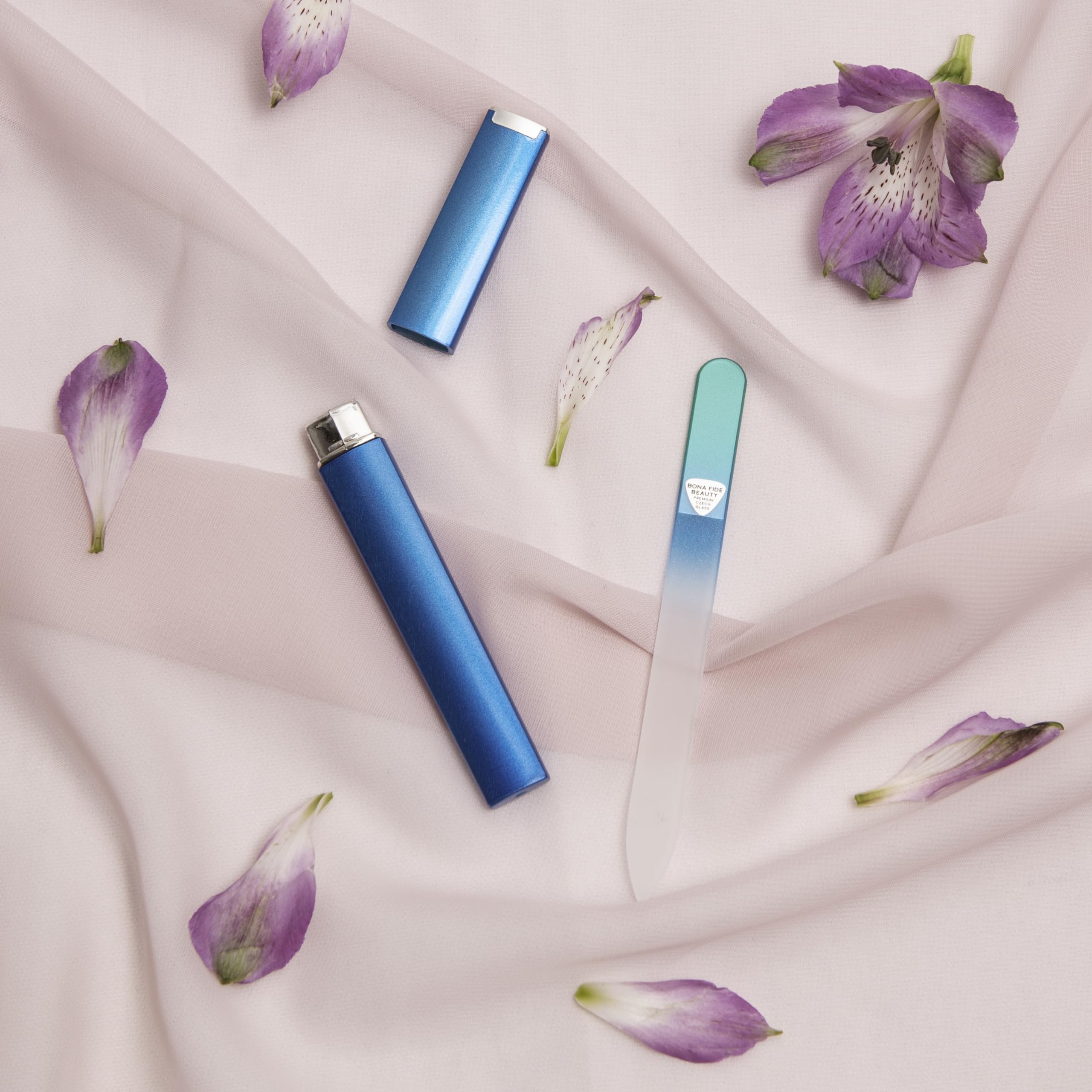 Bona Fide Beauty glass file in home-use scenario for natural nails.