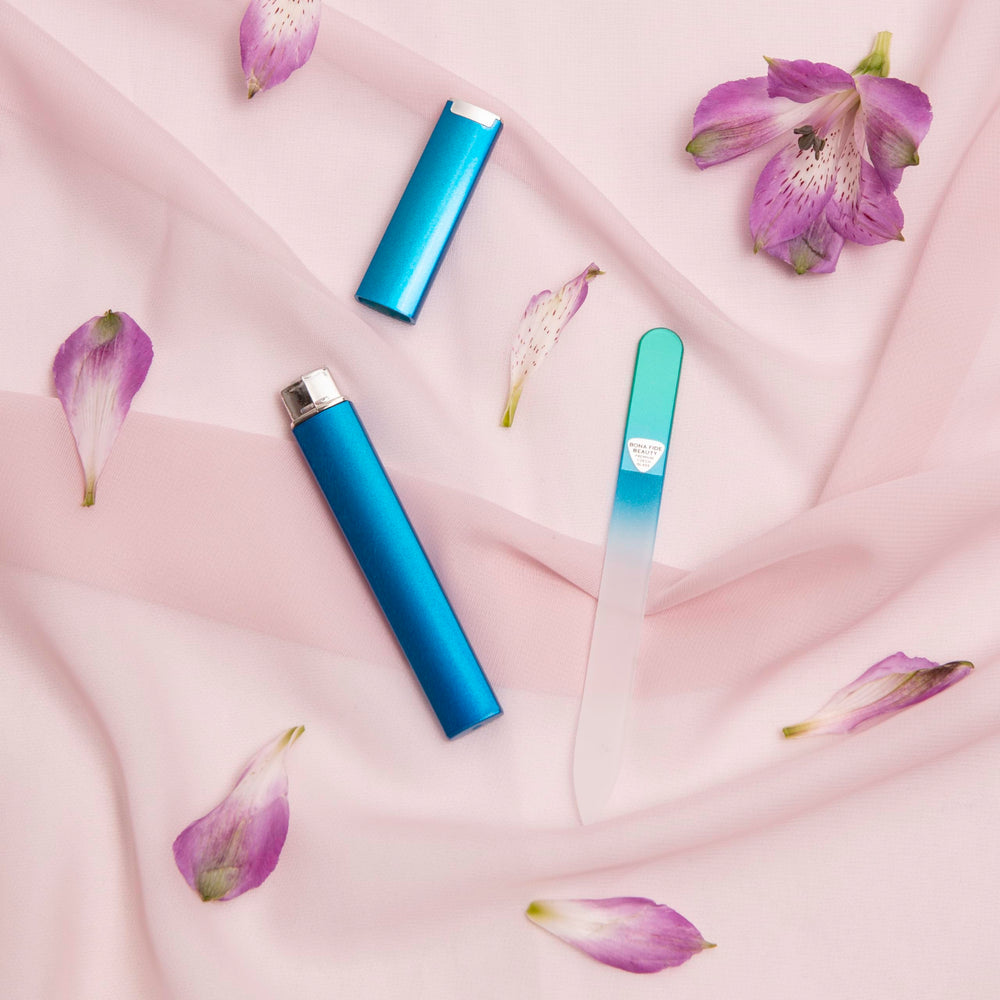 Bona Fide Beauty glass file in home-use scenario for natural nails.