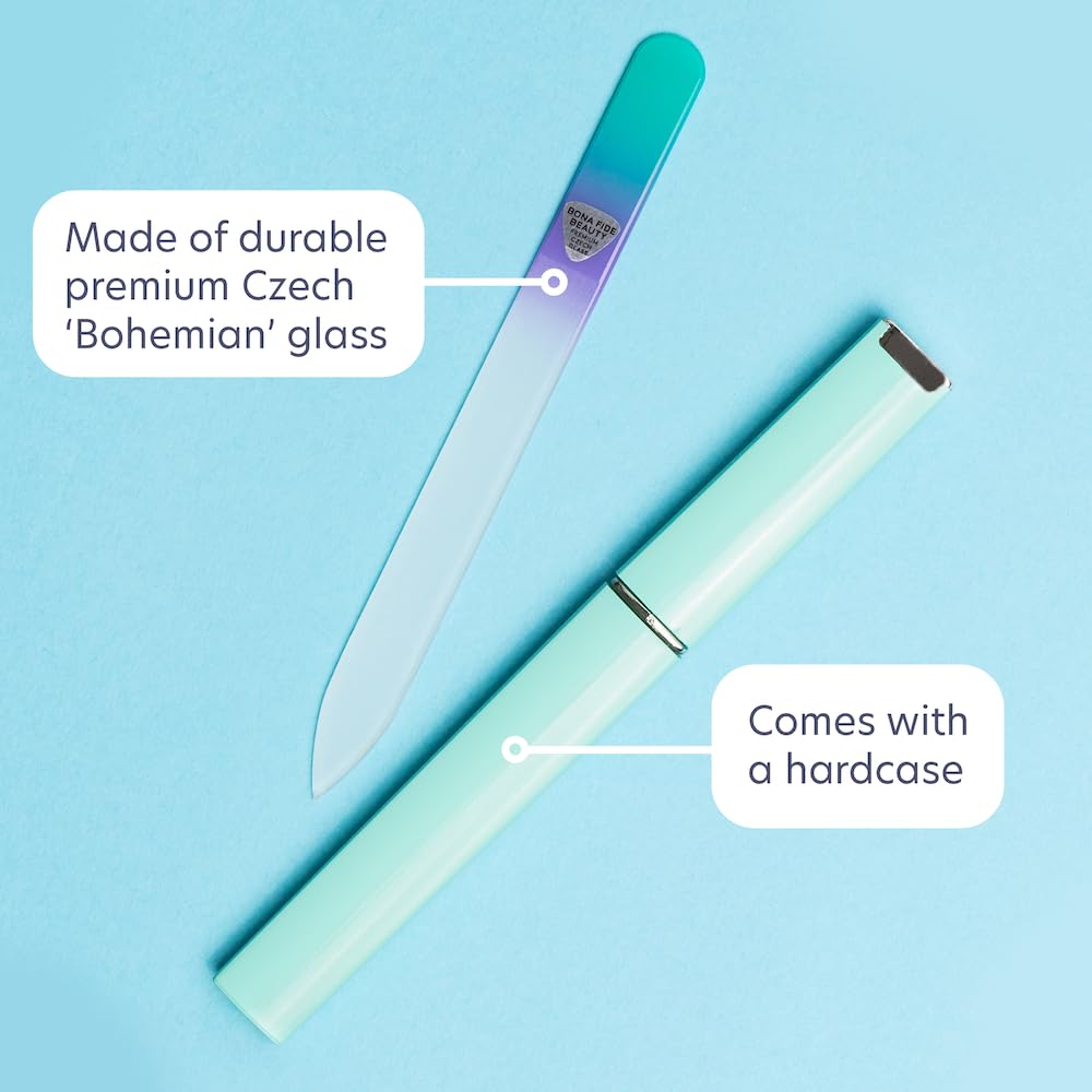 Bona Fide Beauty glass nail file in hand demonstrates precise filing on natural nails