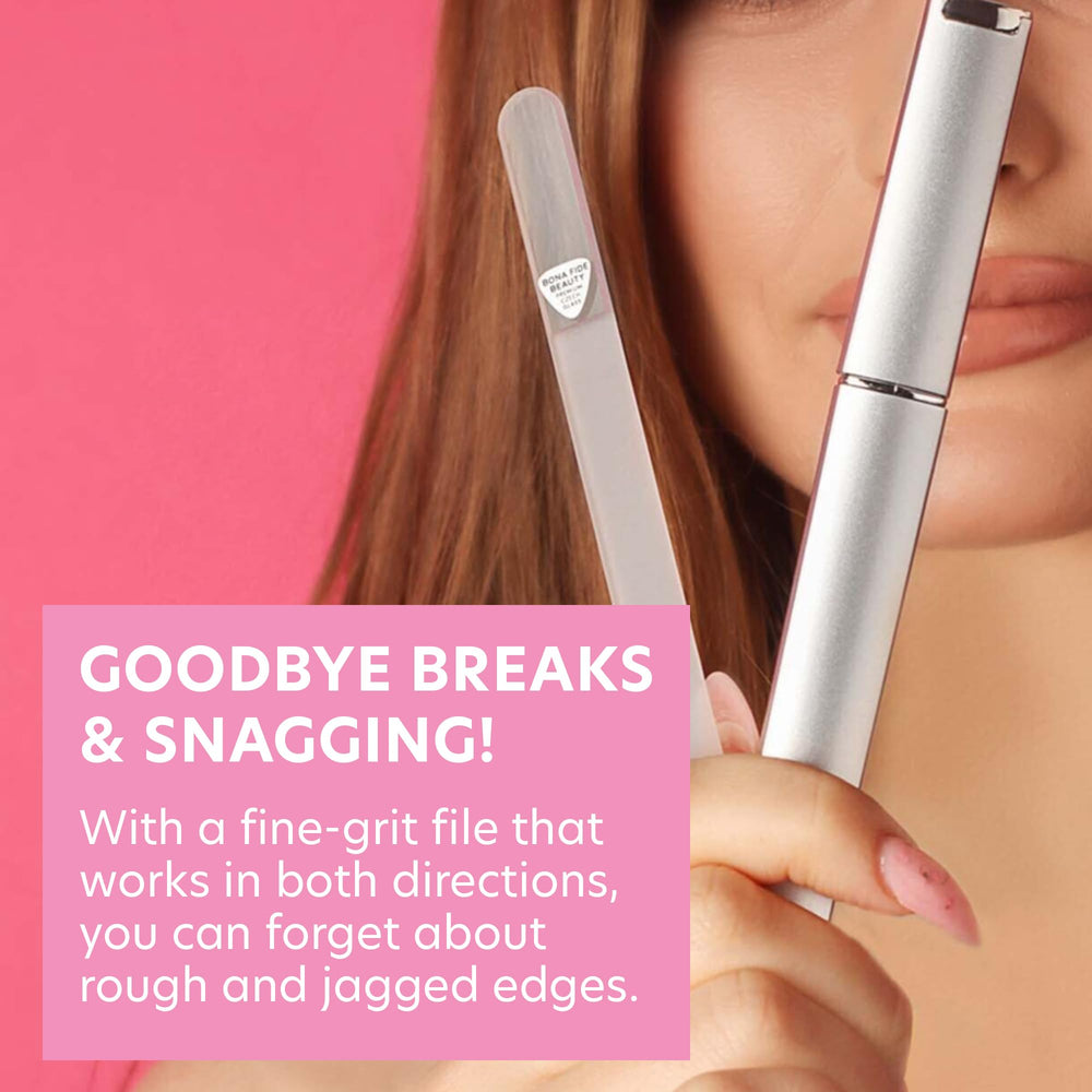 Bona Fide Beauty nail file with protective case for on-the-go care.