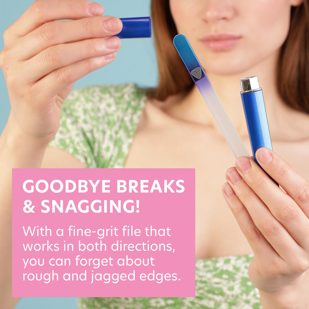 Bona Fide Beauty ombre blue glass nail file glides smoothly for comfortable manicures