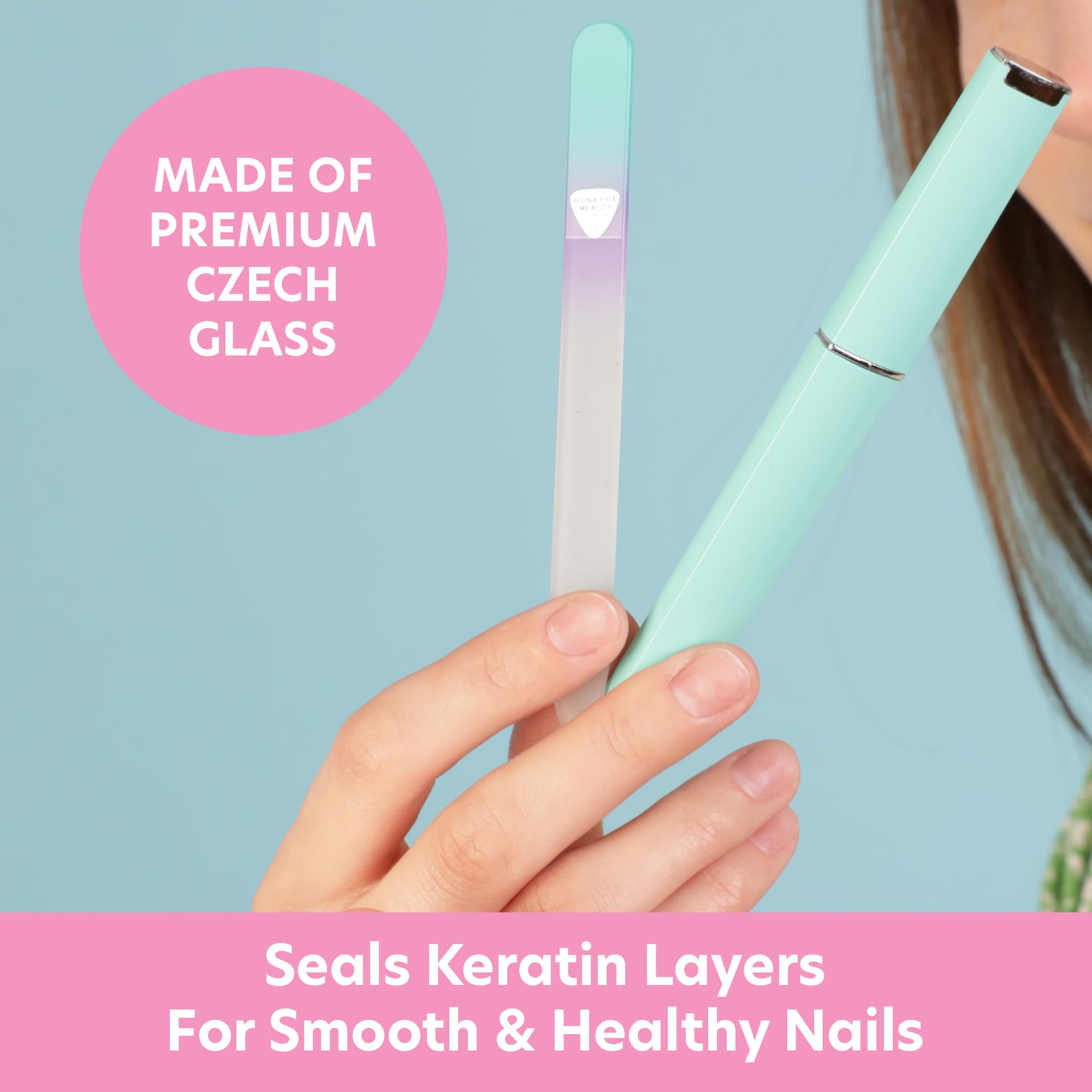 Bona Fide Beauty pastel green violet nail file with premium glass surface for gentle shaping