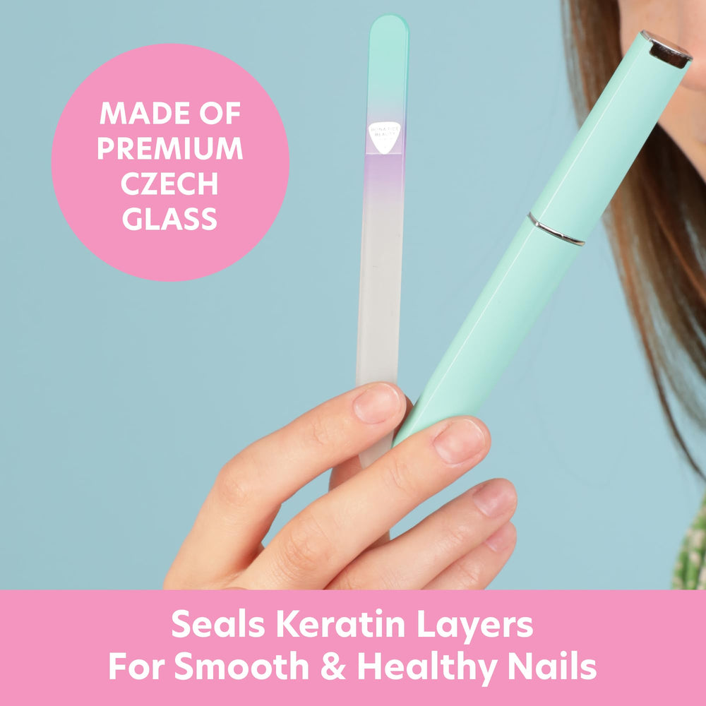 Bona Fide Beauty pastel green violet nail file with premium glass surface for gentle shaping
