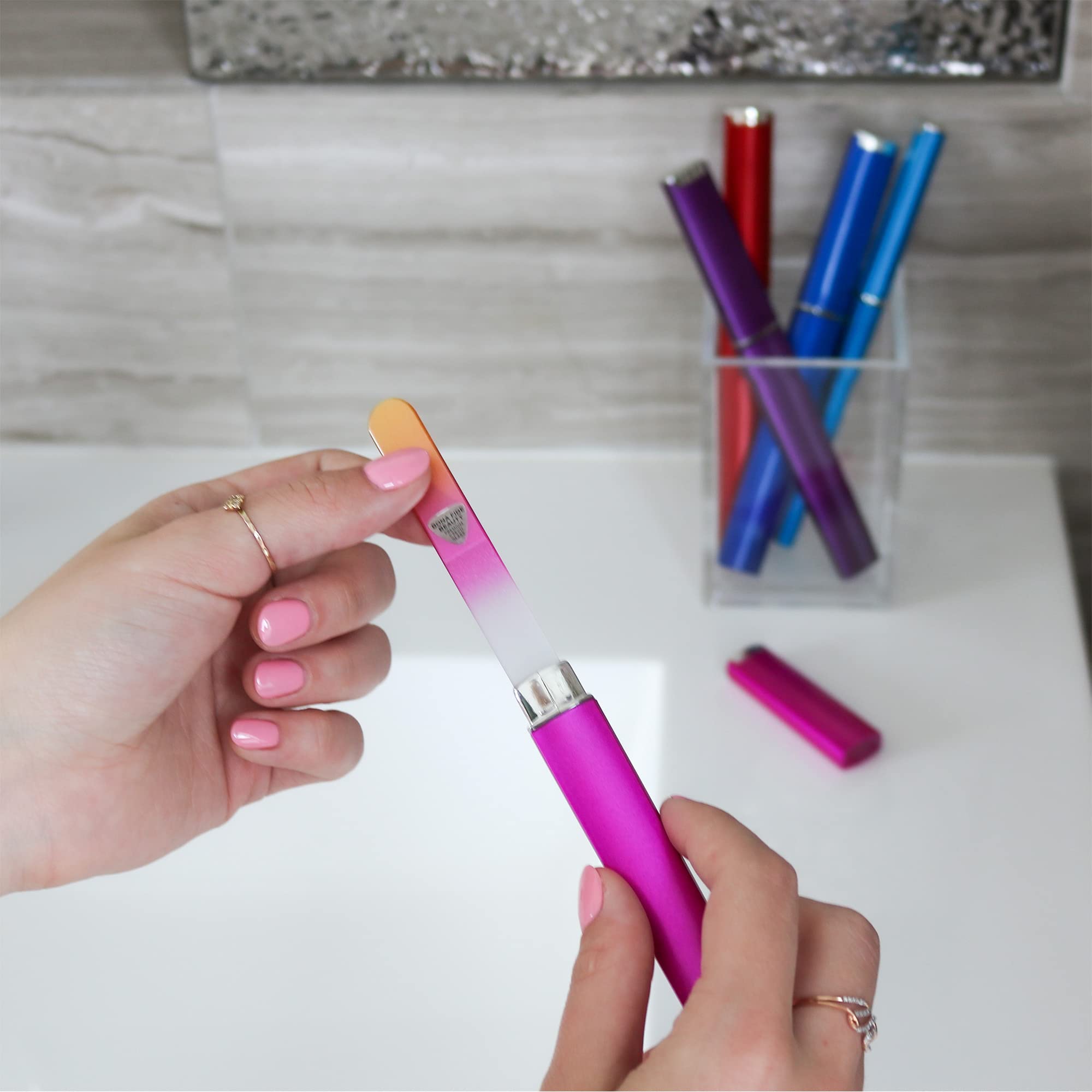 Five-pack set with hard cases keeps Bona Fide Beauty files organized at home.