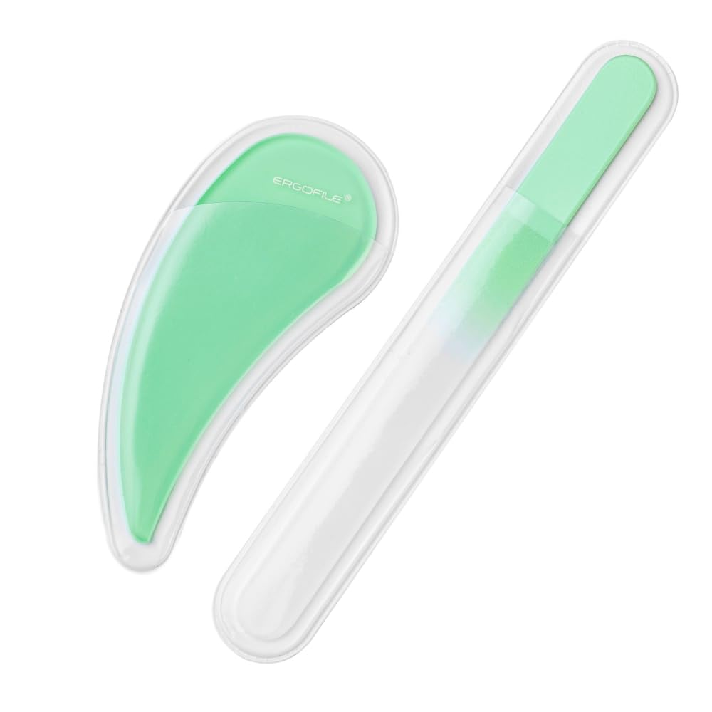 Bona Fide Beauty curved glass nail file with tear-drop grip for comfortable shaping.