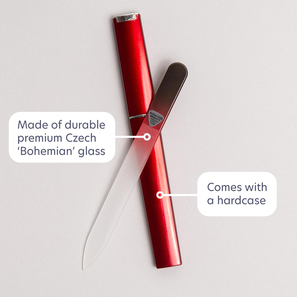 Bona Fide Beauty Czech glass nail file showcases durable, high-quality construction.