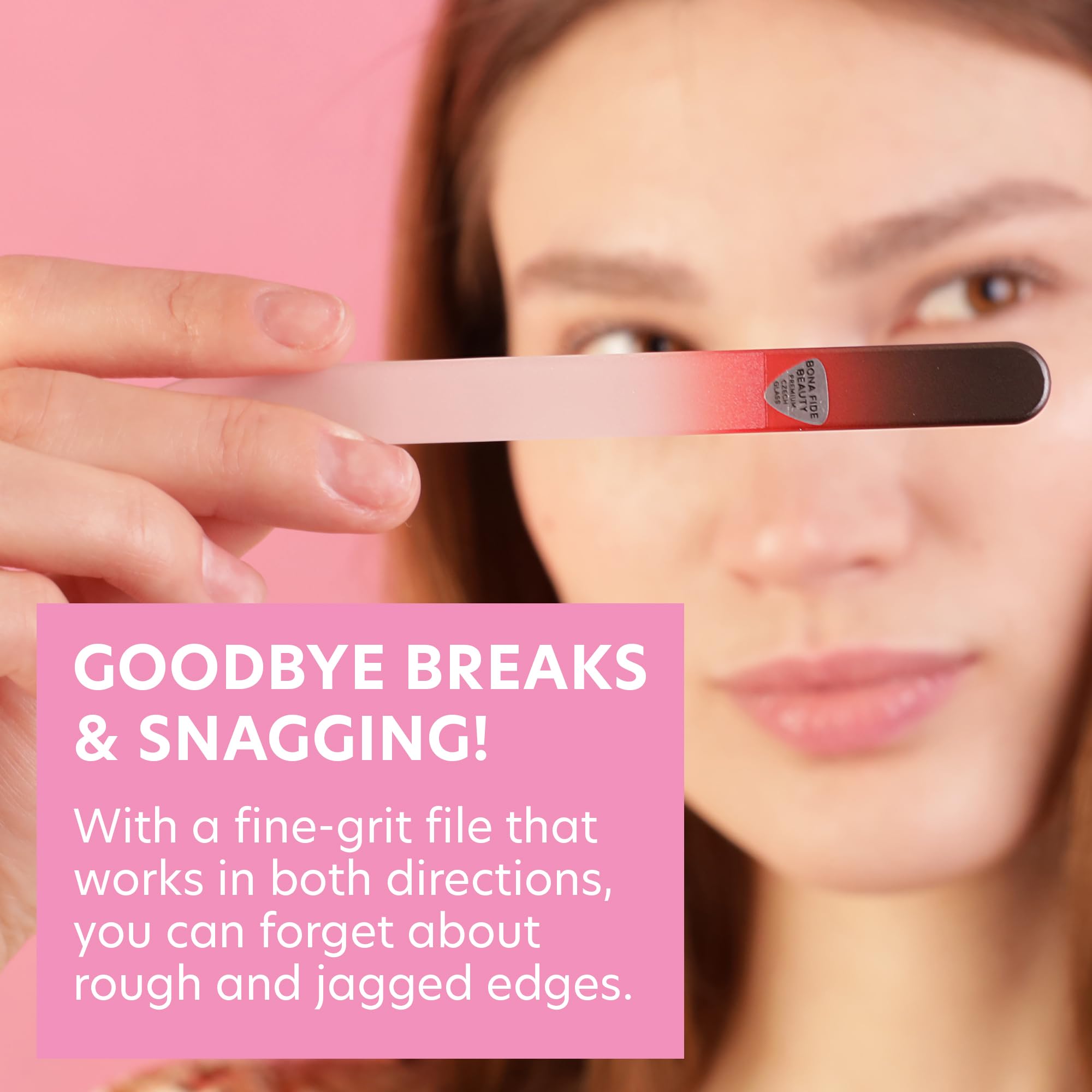 Bona Fide Beauty glass nail file in action shaping natural nails smoothly.