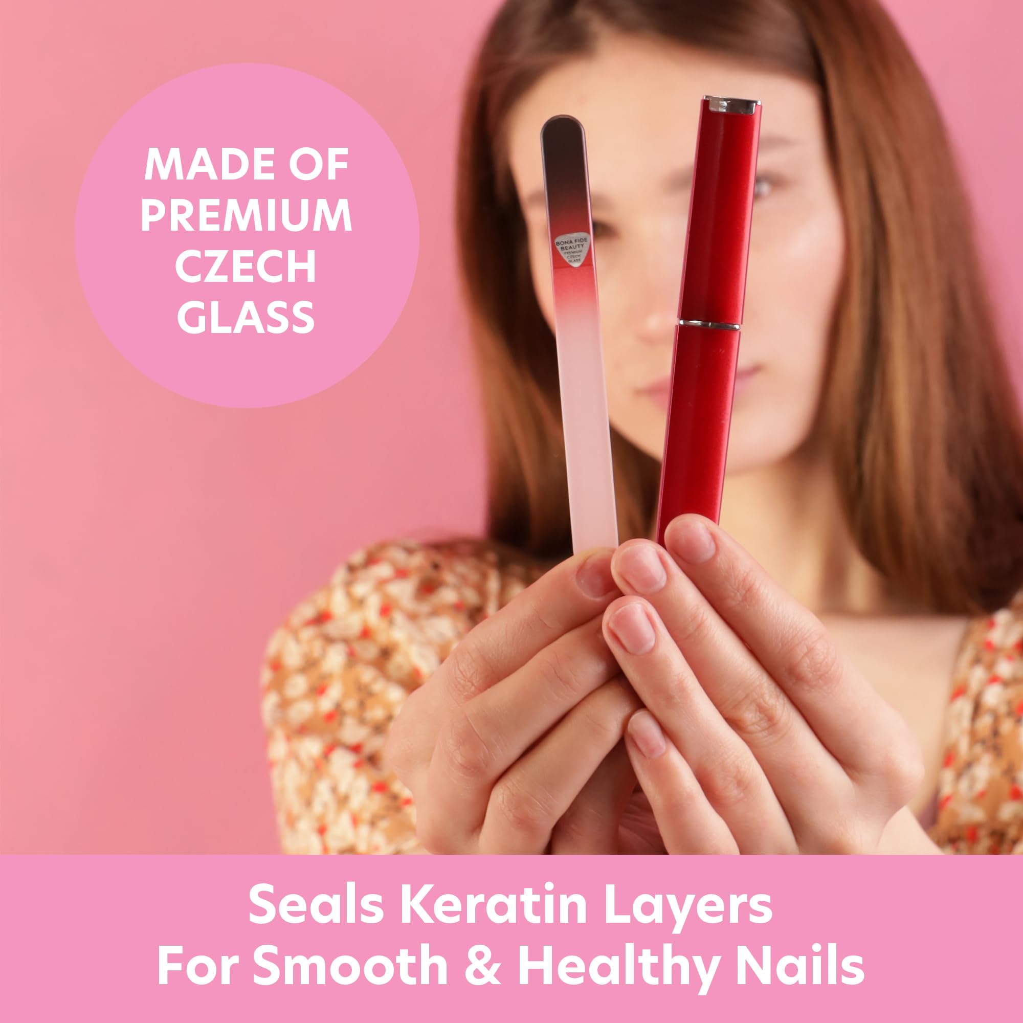 Bona Fide Beauty glass nail file close-up shows smooth edge and texture.