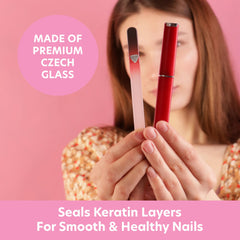 Bona Fide Beauty glass nail file close-up shows smooth edge and texture.