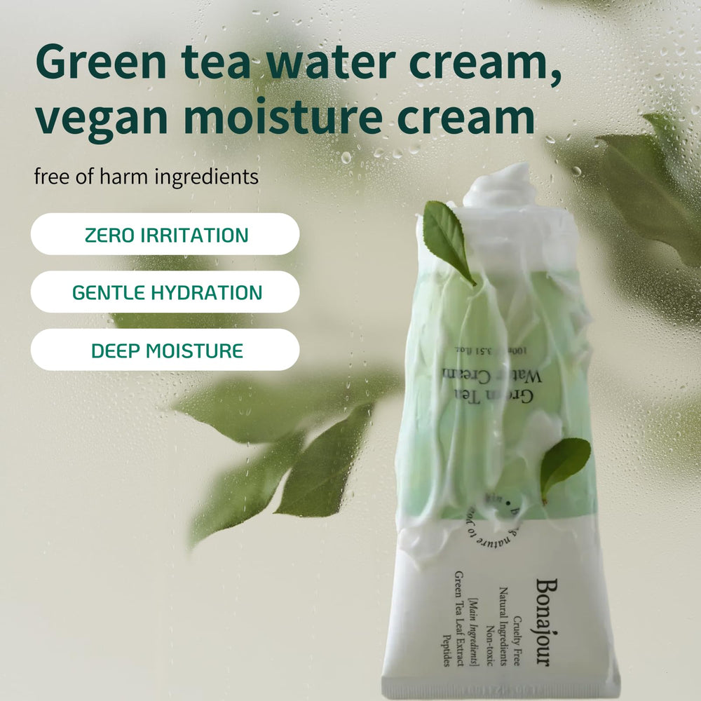 Hojas de té verde y nutrientes naturales en BONAJOUR para piel sensible.