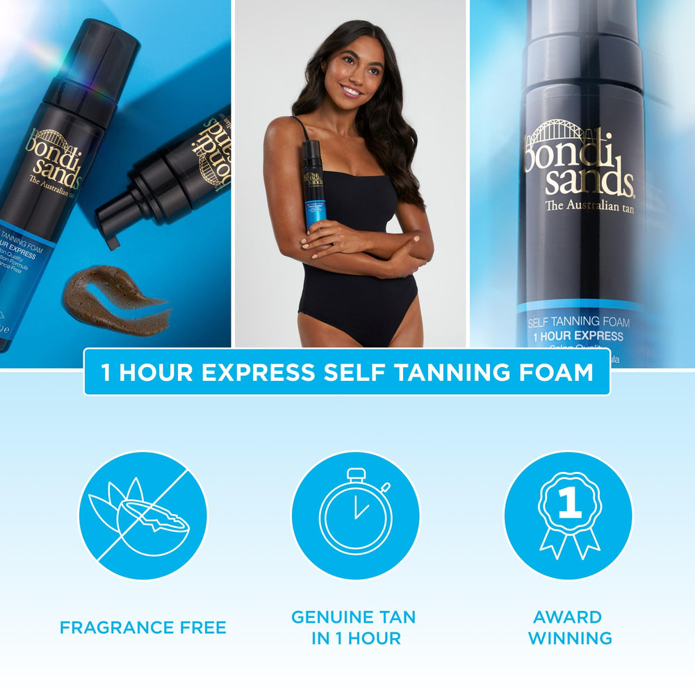 Bondi Sands 1 Hour Express Foam drying on skin yields natural glow.