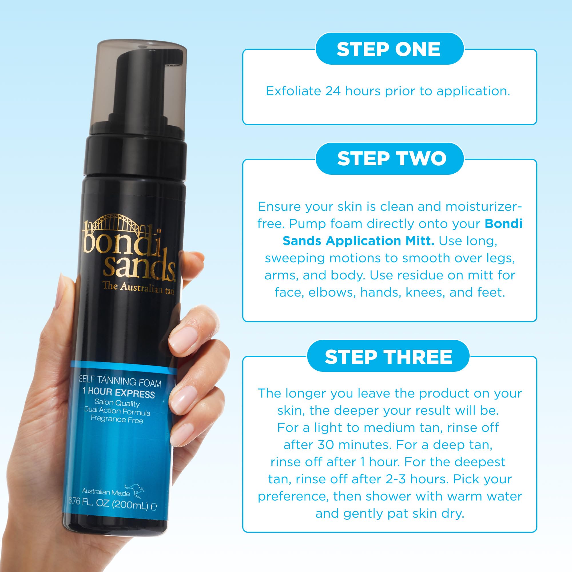 Bondi Sands 1 Hour Express Foam packaging back shows usage tips.