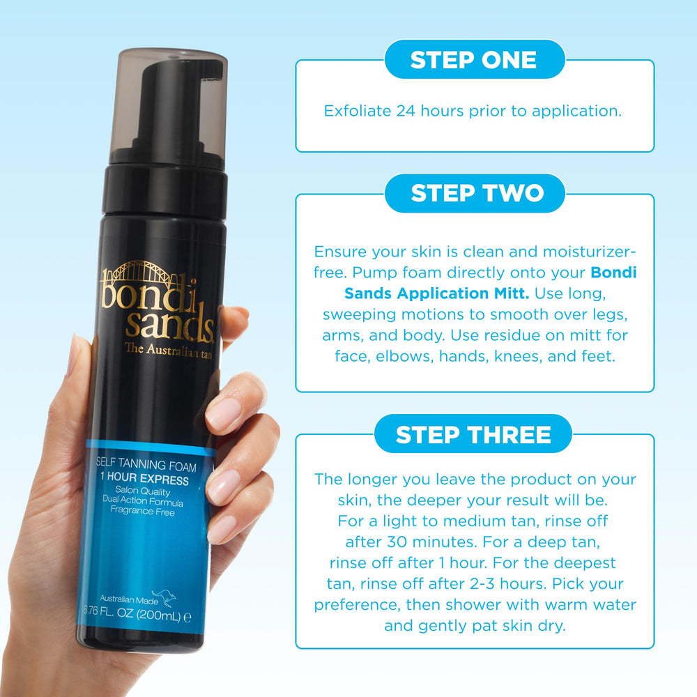 Bondi Sands 1 Hour Express Foam packaging back shows usage tips.