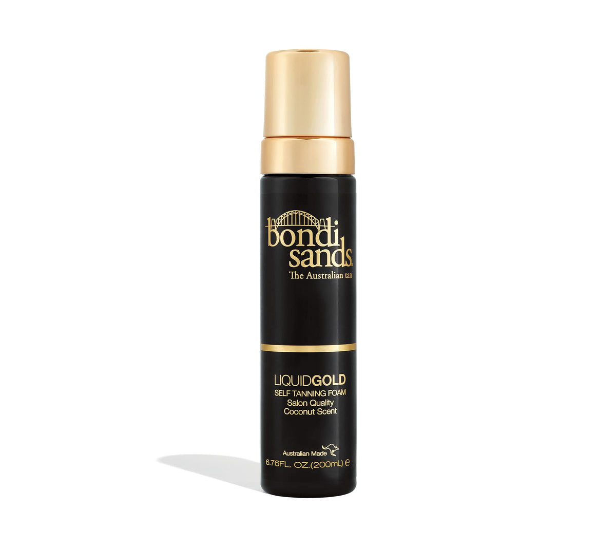 Bondi Sands Liquid Gold self-tanning foam bottle shows a hydrating, streak-free tan.