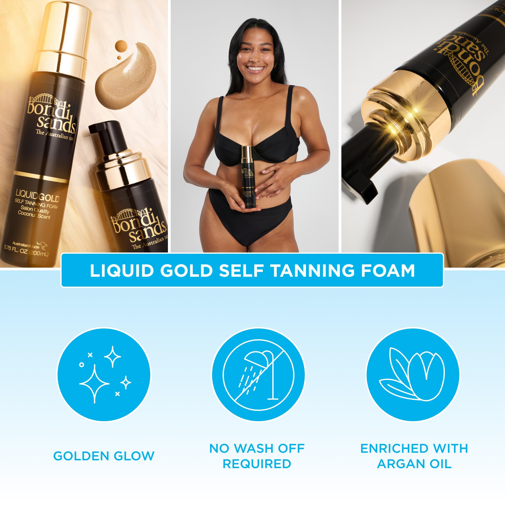 Bondi Sands Liquid Gold self-tanning foam texture dries to touch in seconds.