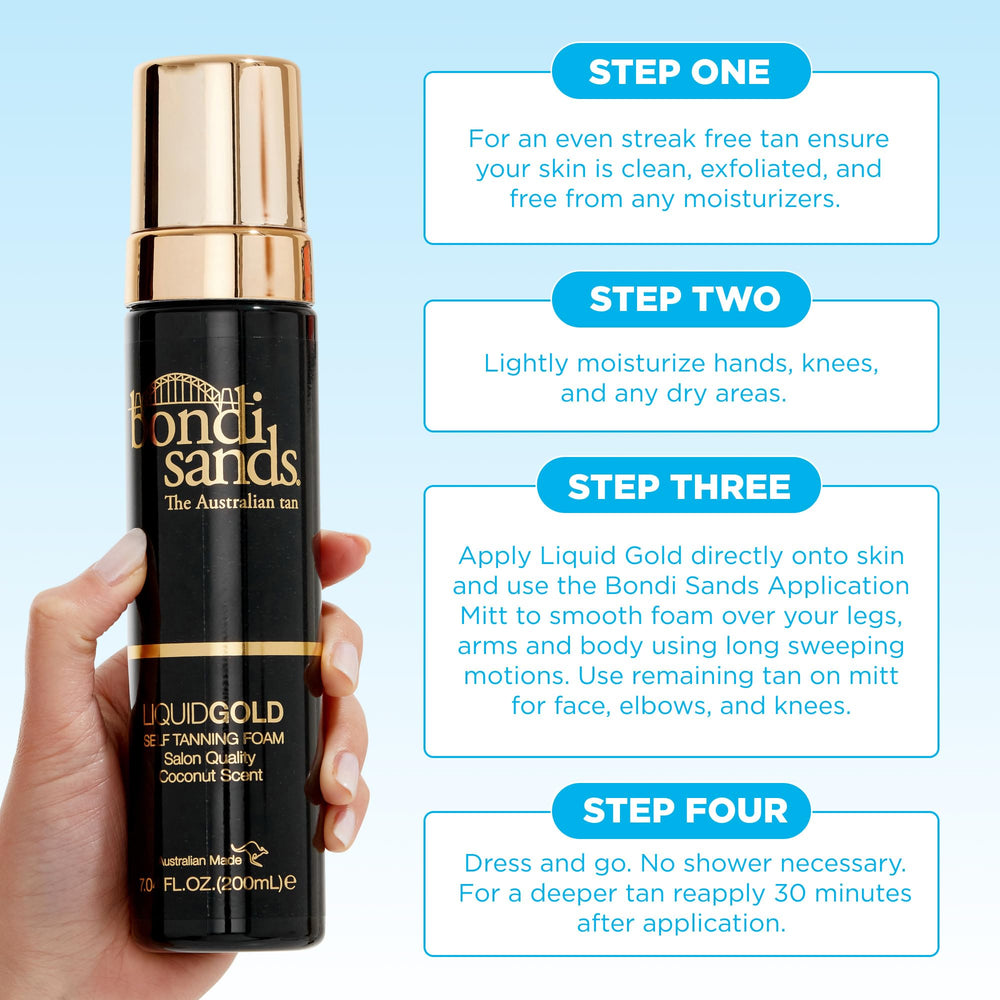 Bondi Sands Liquid Gold self-tanning foam close-up displays airy, lightweight texture.