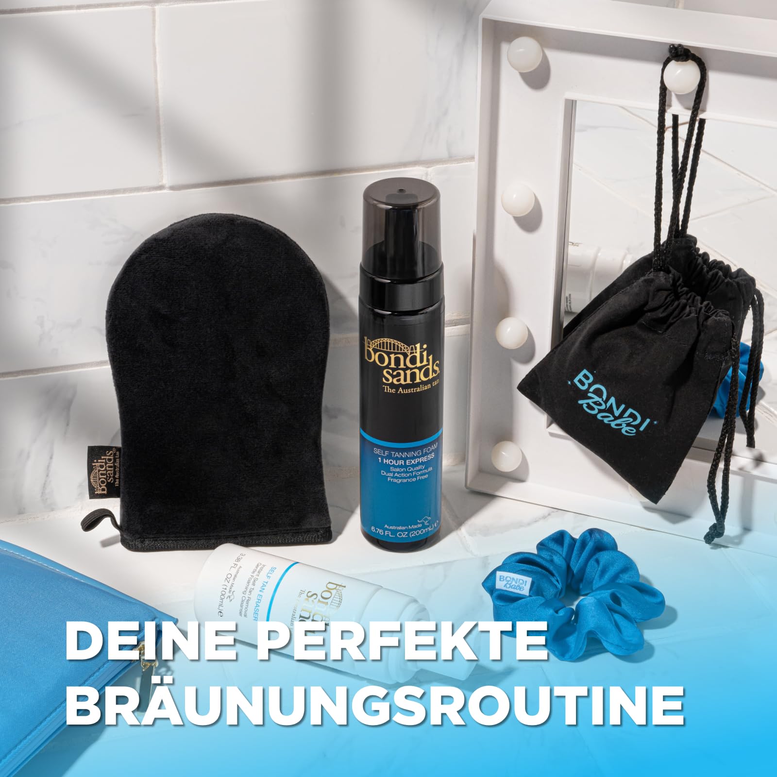 Bondi Sands Self-Tanning Mitt packaging emphasizing reusable, eco-friendly accessory.