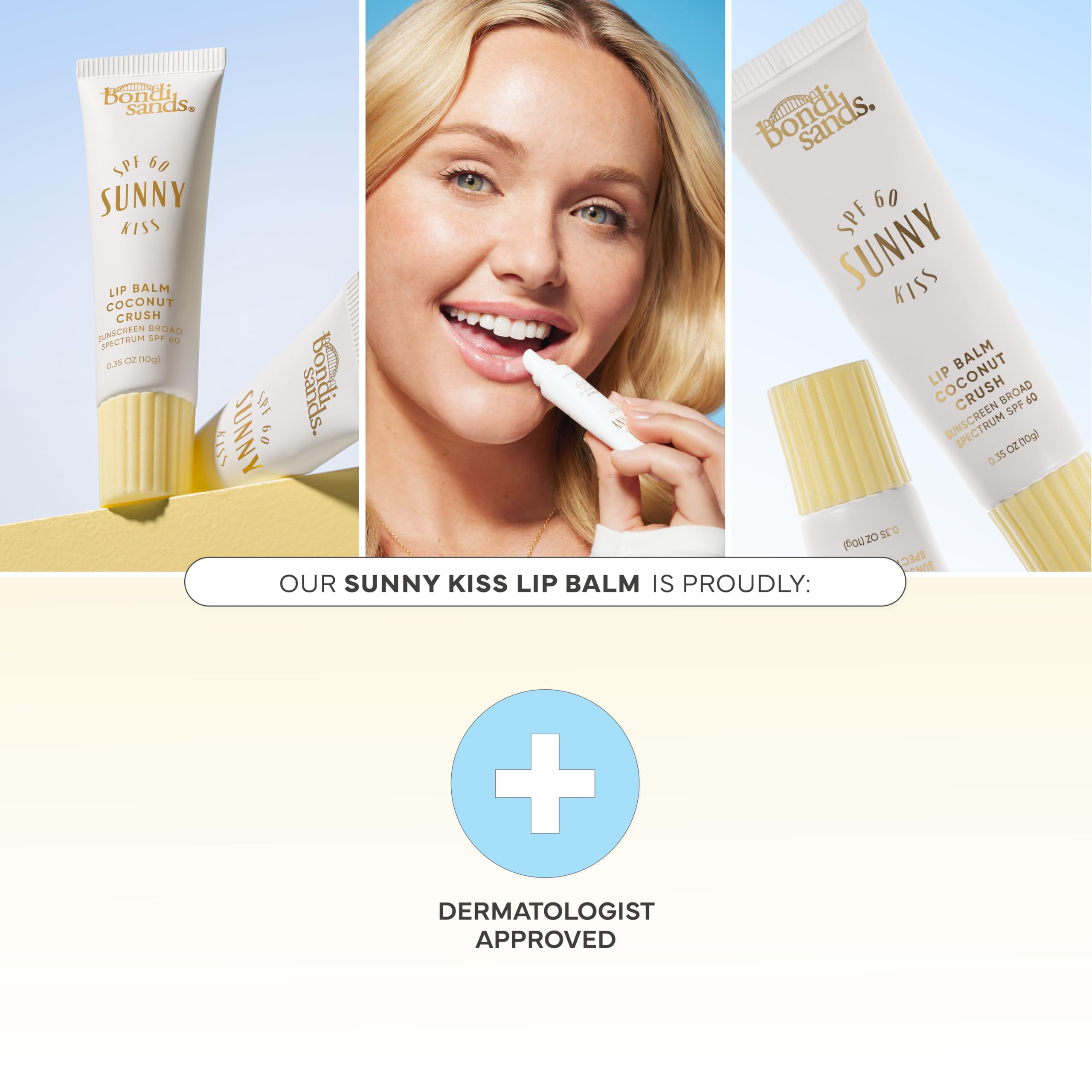 Bondi Sands Sunny Kiss SPF 60 aplicación suave que hidrata labios.