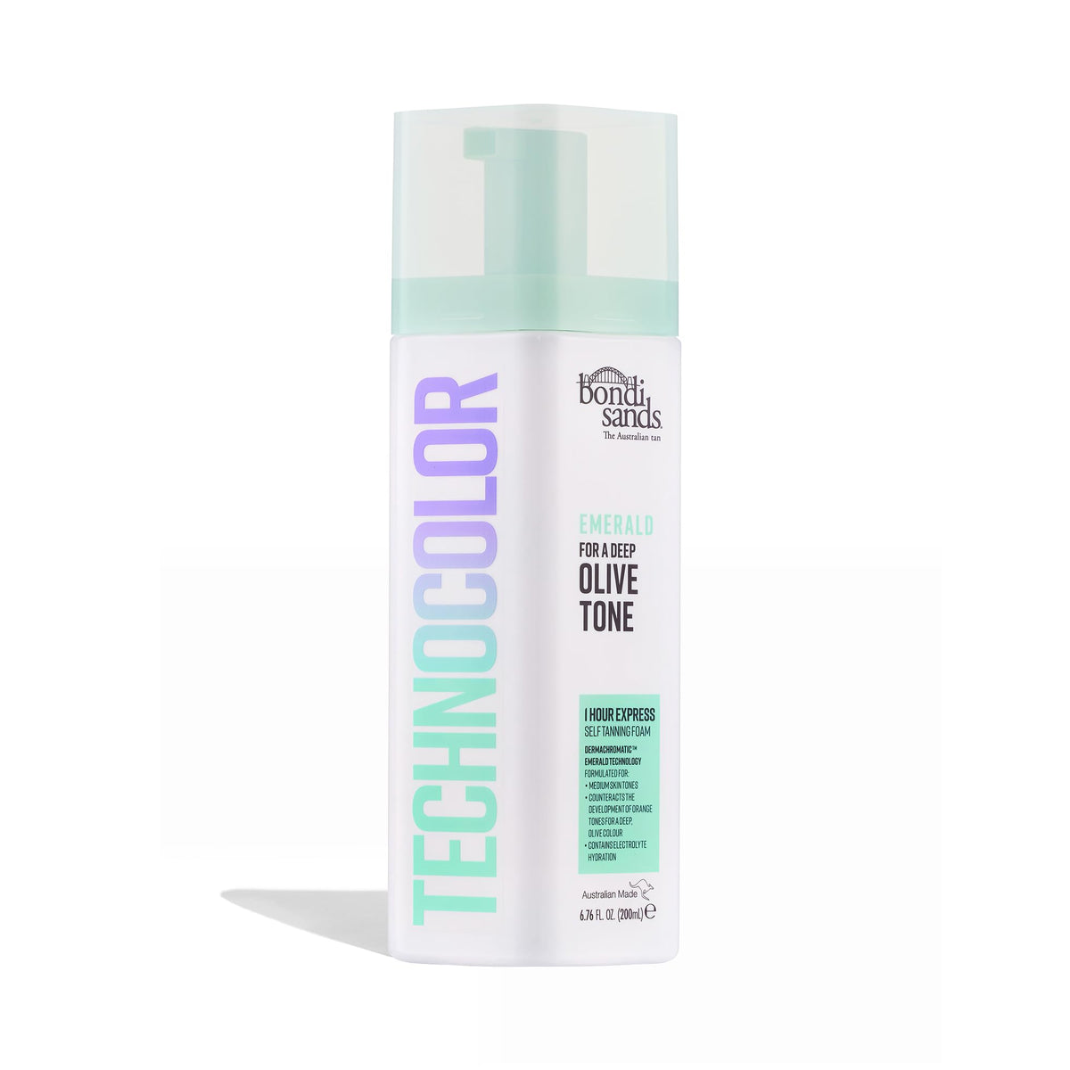 Bondi Sands Technocolor Emerald foam bottle with green color guide for olive-toned skin.