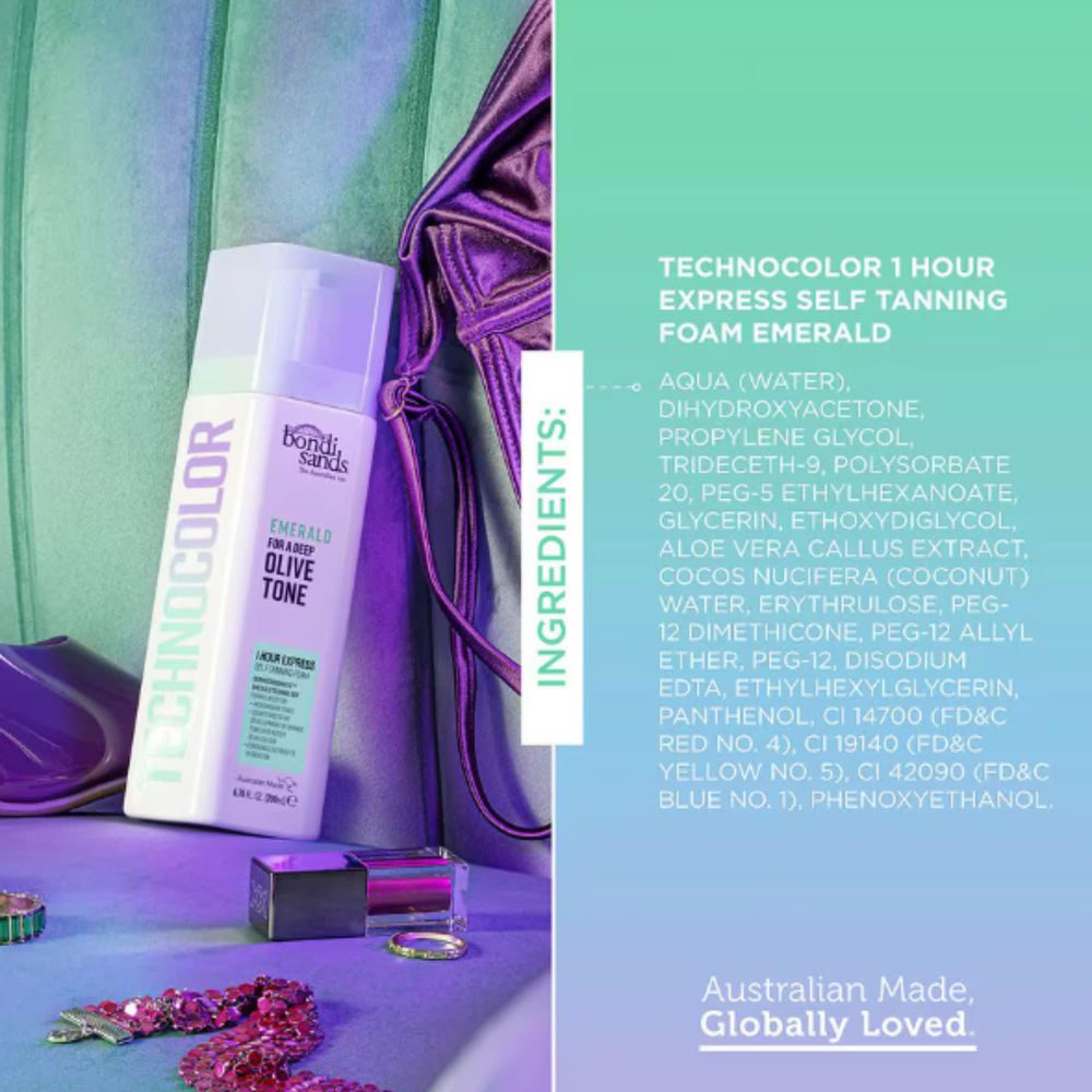 Bondi Sands Technocolor Emerald foam close-up texture for streak-free finish.