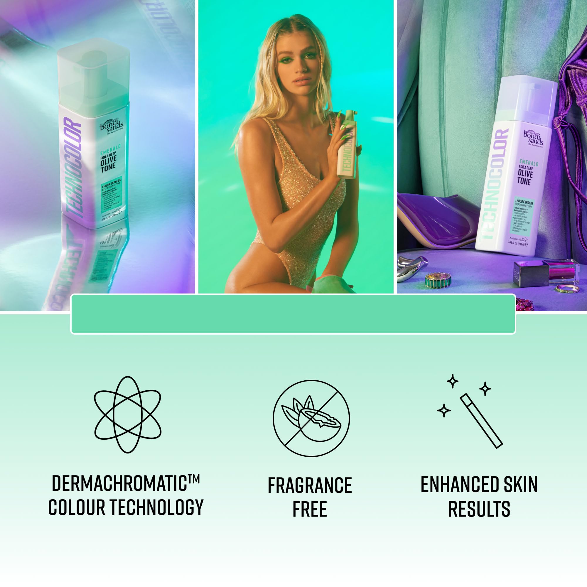 Bondi Sands Technocolor Emerald foam in hand ready for even application using a mitt.