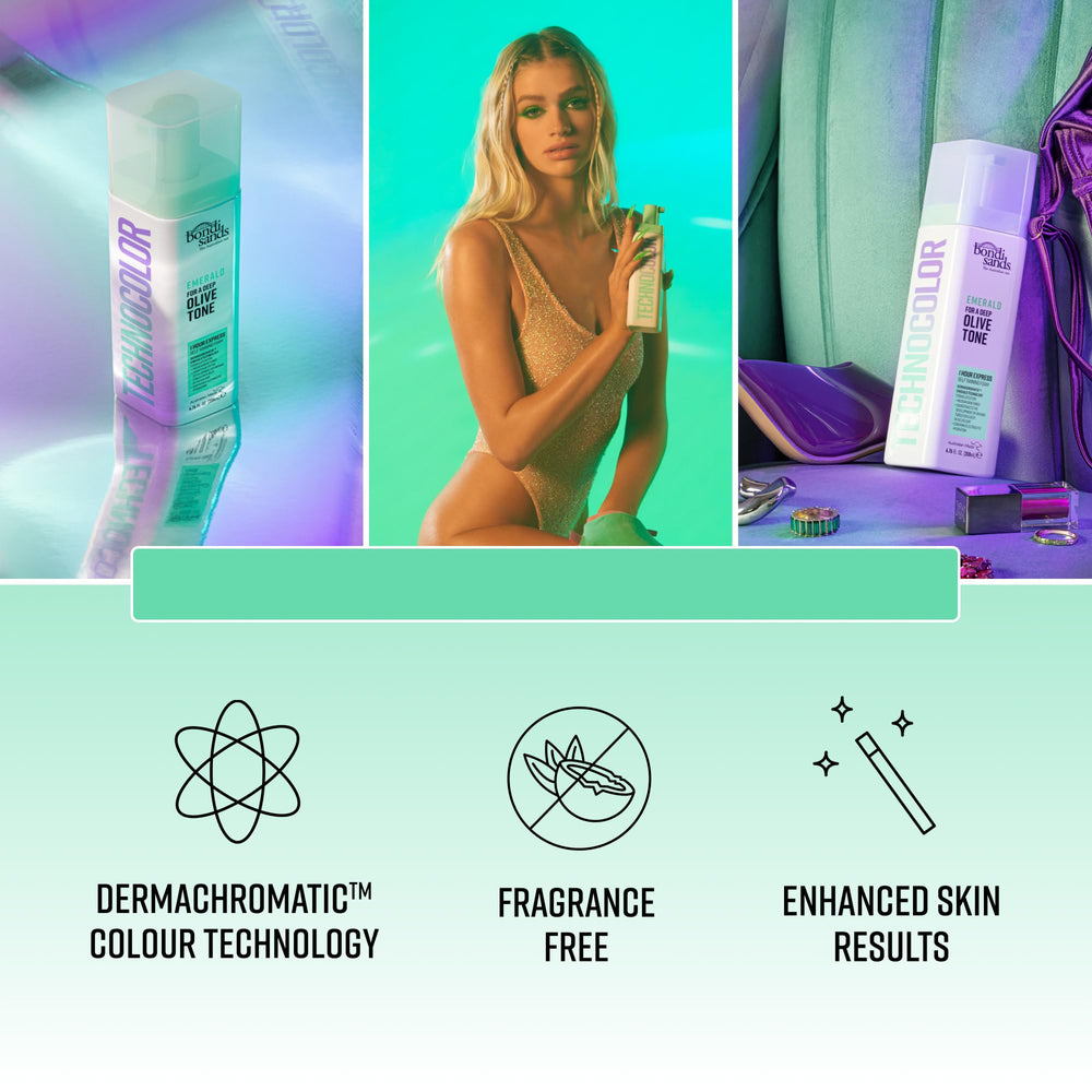 Bondi Sands Technocolor Emerald foam in hand ready for even application using a mitt.