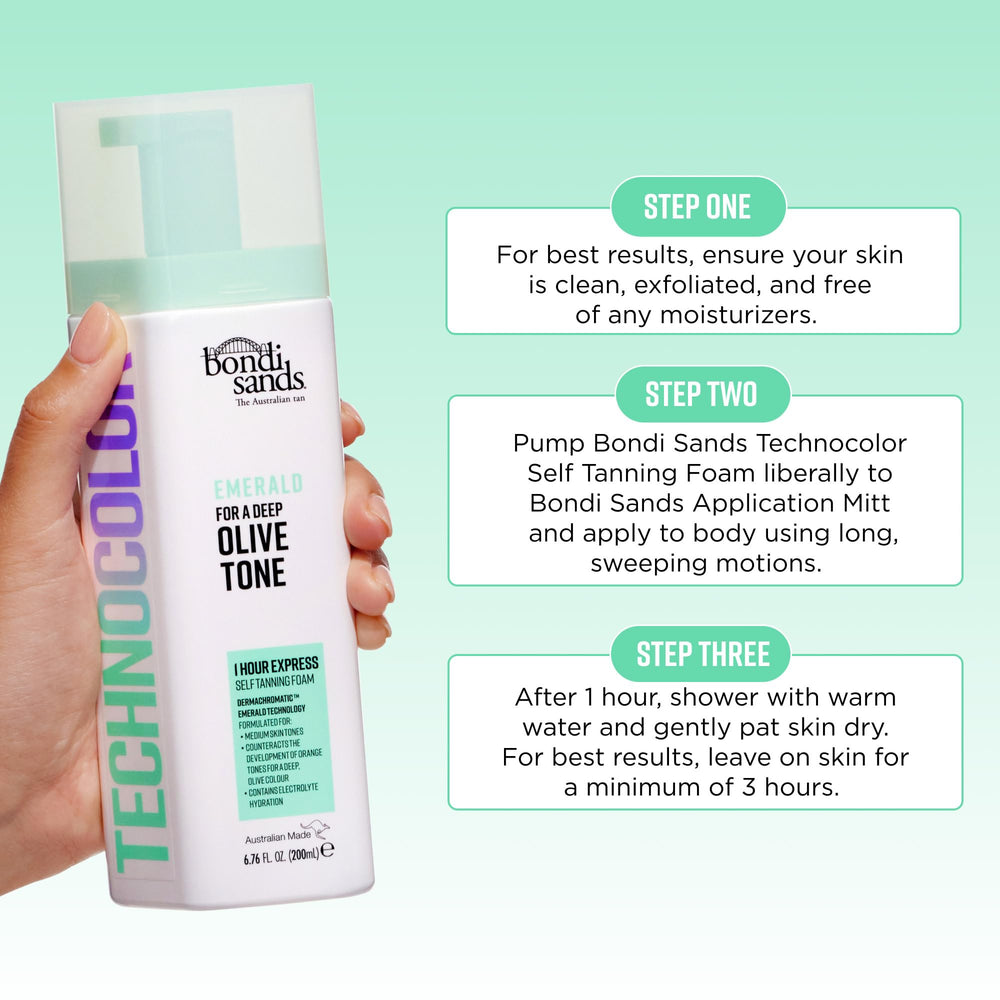 Bondi Sands Technocolor Emerald after shower rinse with warm water.
