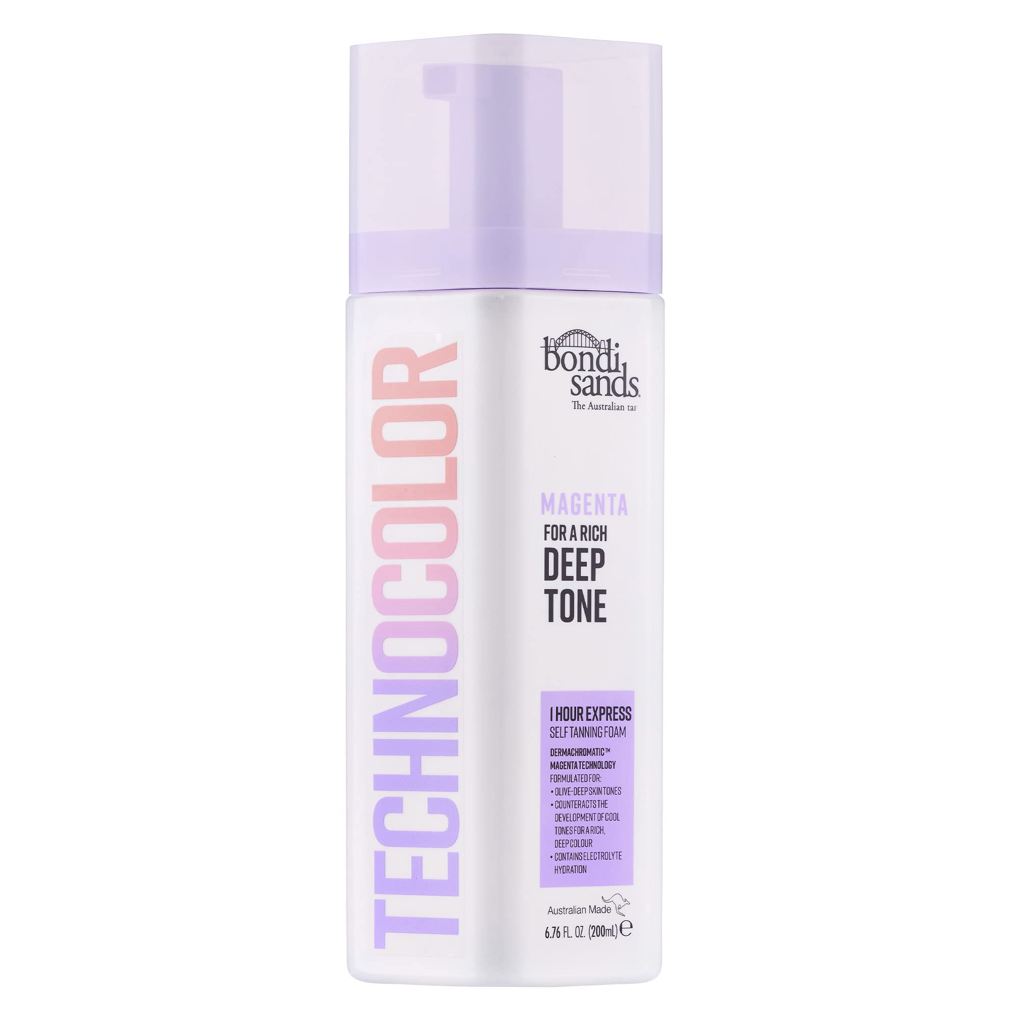 Bondi Sands Technocolor Magenta bottle with red-violet color guide for warmer undertones.