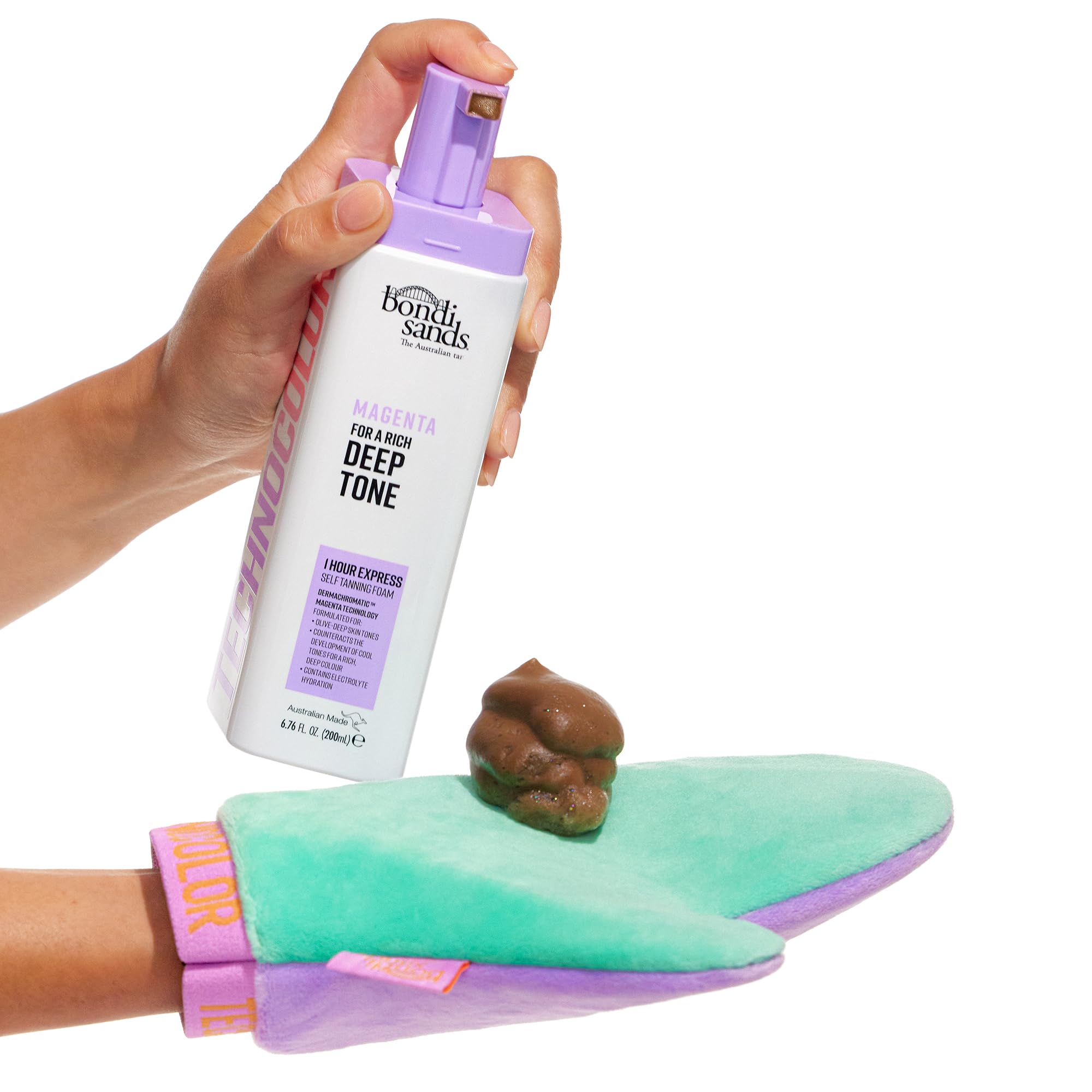 Bondi Sands Technocolor Magenta foam on skin showing even, mitt-applied coverage.