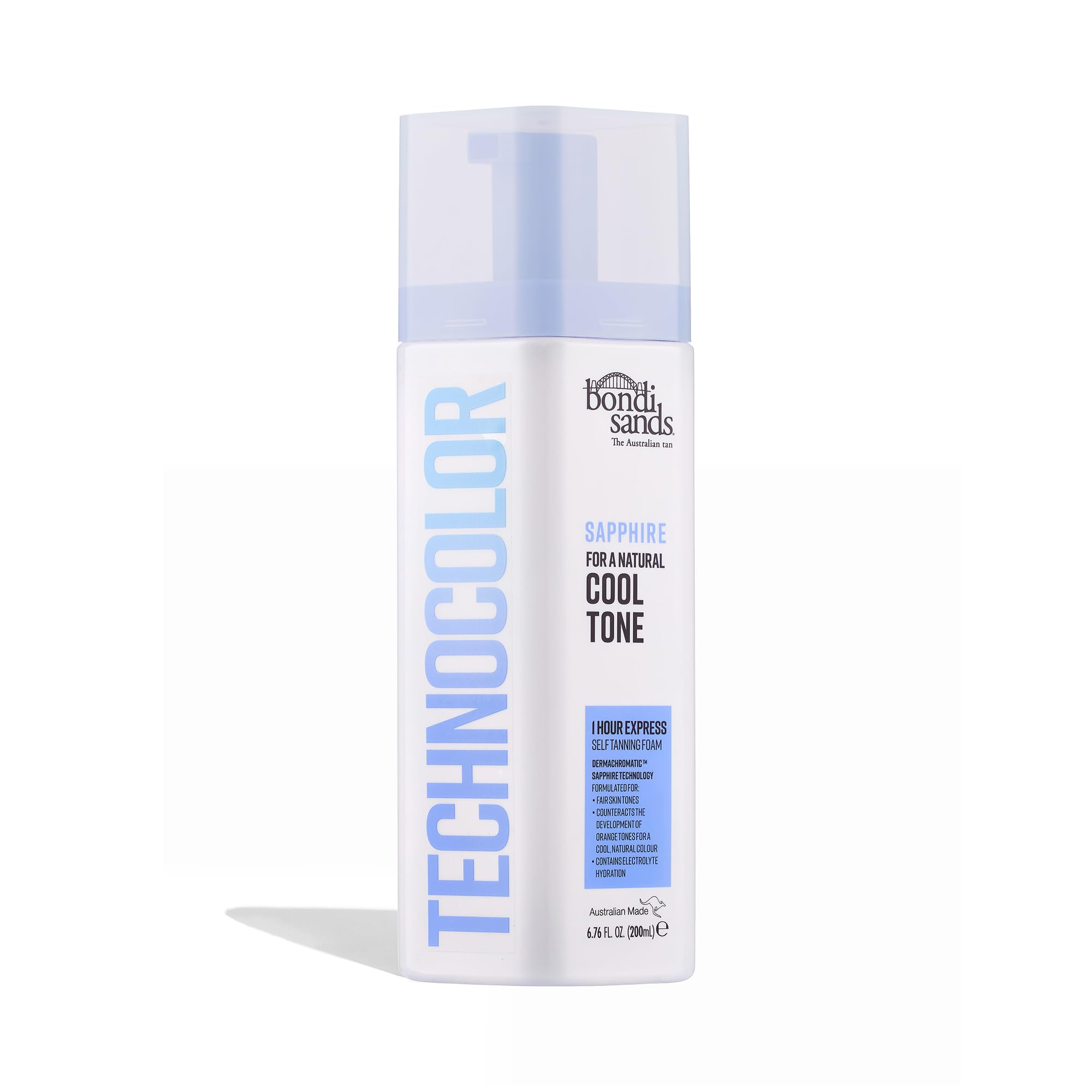 Bondi Sands Technocolor Sapphire foam dispense demonstrates smooth, even application on fair skin.