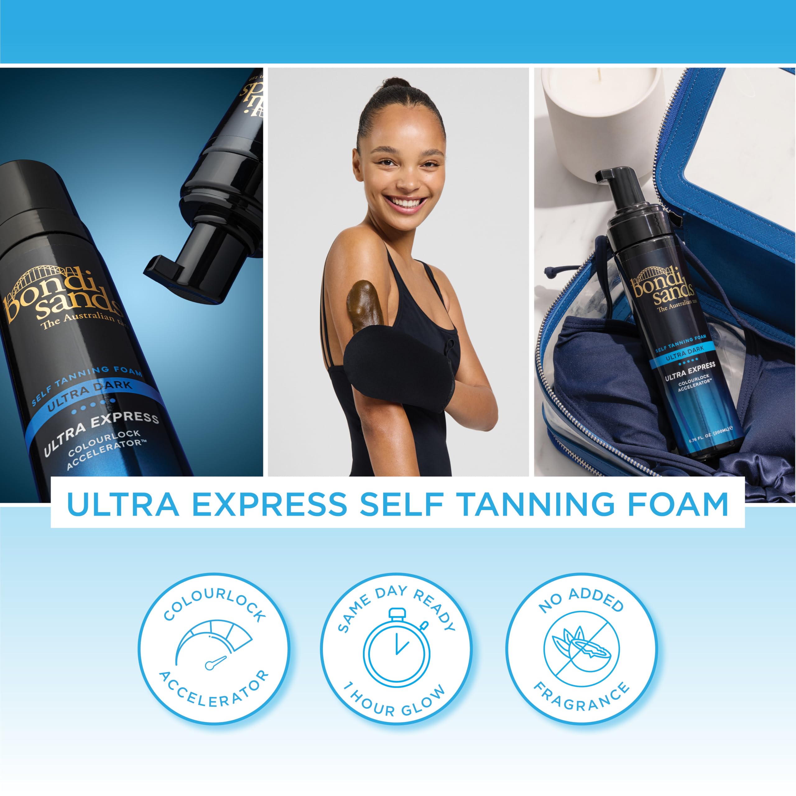 Bondi Sands Ultra Express Foam application demonstrating streak-free result on skin.