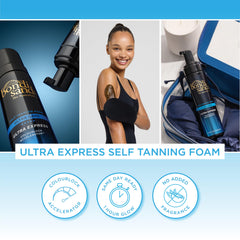 Bondi Sands Ultra Express Foam application demonstrating streak-free result on skin.