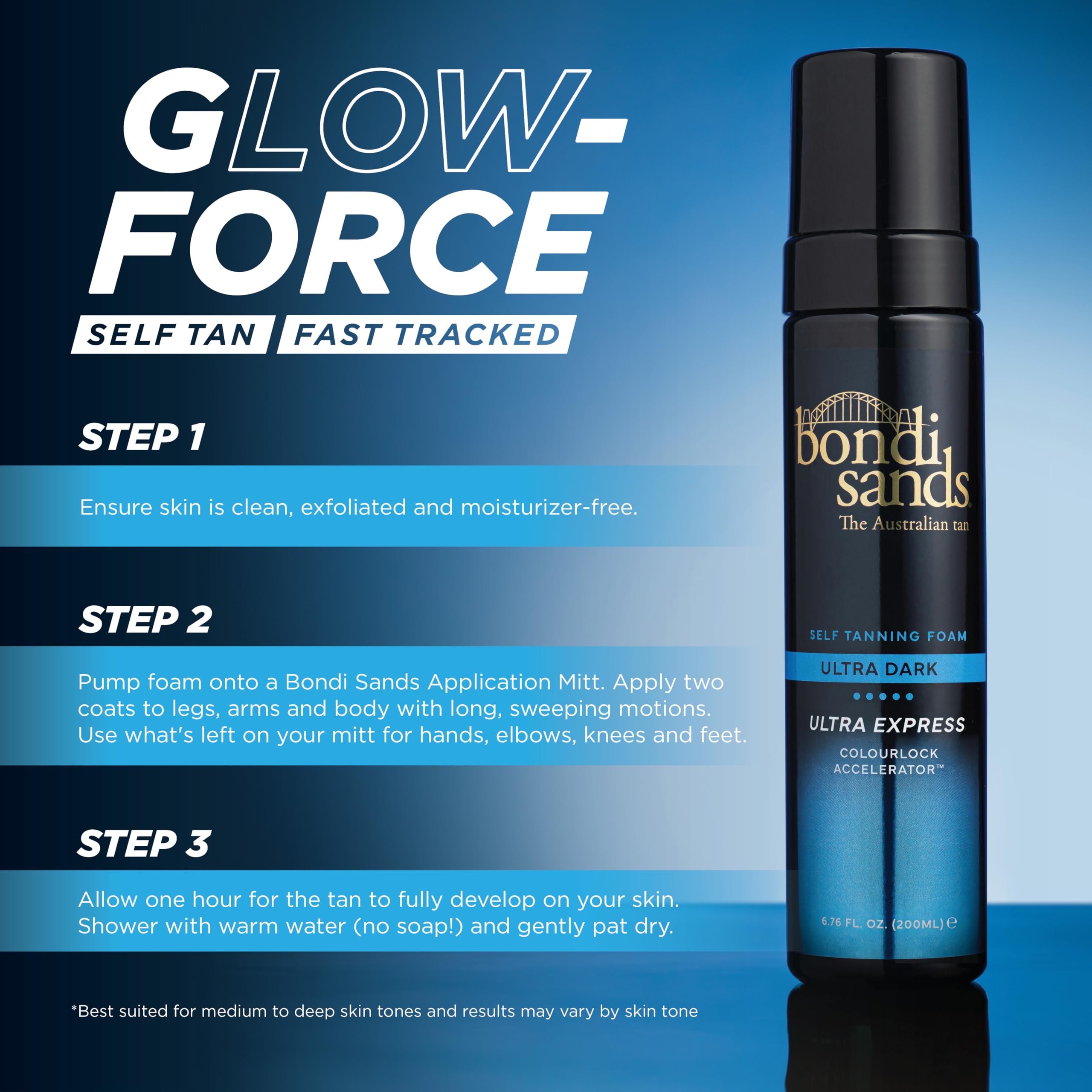 Bondi Sands Ultra Express Foam color development in one hour with ColourLock Accelerator.